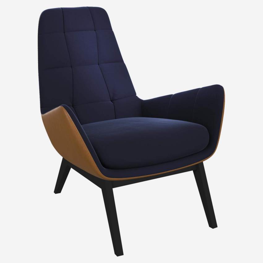 Sessel aus Samt - Marineblau und Vintage-Leder - Schwarze Füße
