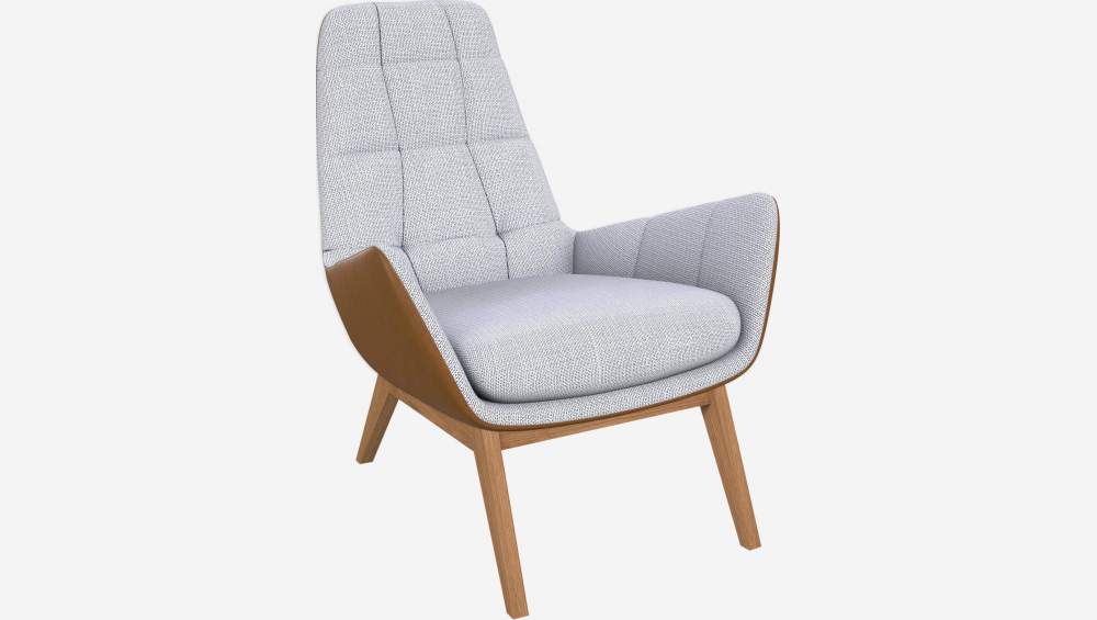 Sessel aus Fasoli-Stoff - Hellgrau und Vintage-Leder - Eichenfüße