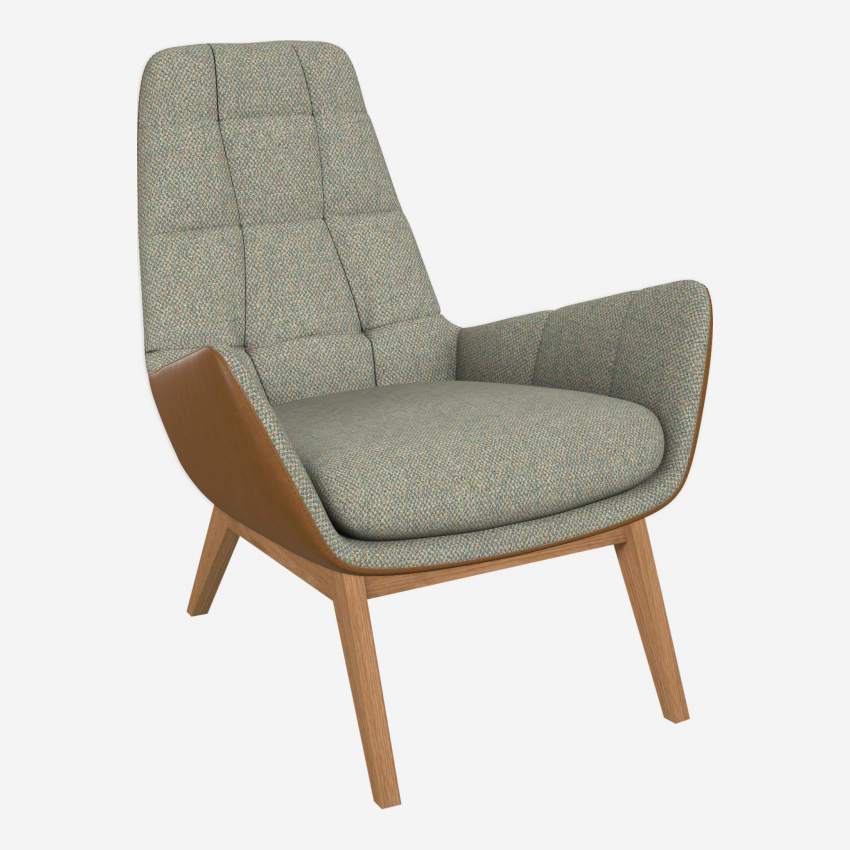 Sessel aus Bellagio-Stoff - Graugrün und Vintage-Leder - Eichenfüße