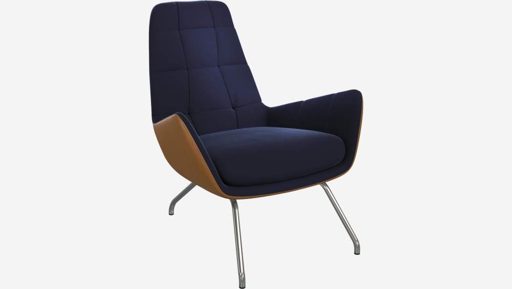 Sessel aus Samt - Marineblau und Vintage-Leder - Füße aus verchromtem Stahl