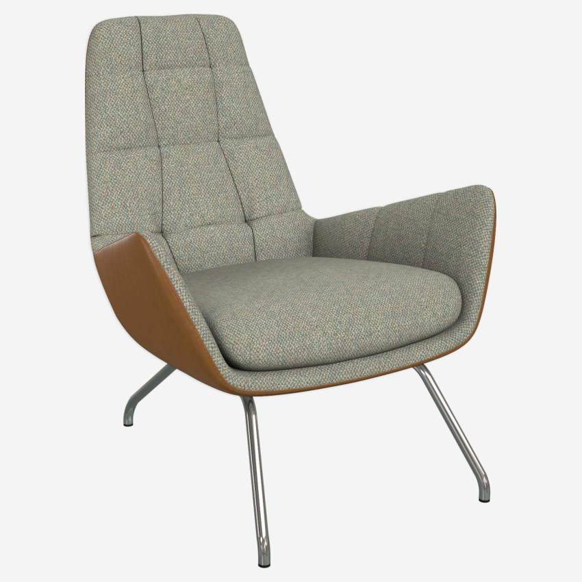 Sessel aus Bellagio-Stoff - Graugrün und Vintage-Leder - Füße aus verchromtem Stahl