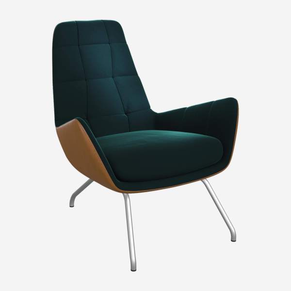 Sessel aus Samt - Tannengrün und Vintage-Leder - Füße aus mattem Stahl