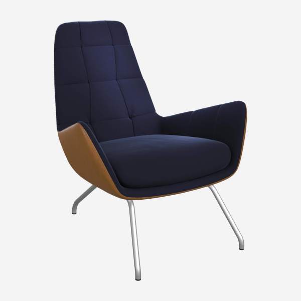 Sessel aus Samt - Marineblau und Vintage-Leder - Füße aus mattem Stahl