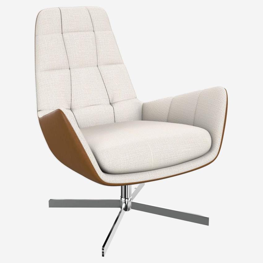 Sessel aus Fasoli-Stoff - Weiß und Vintage-Leder - Kreuzfuß