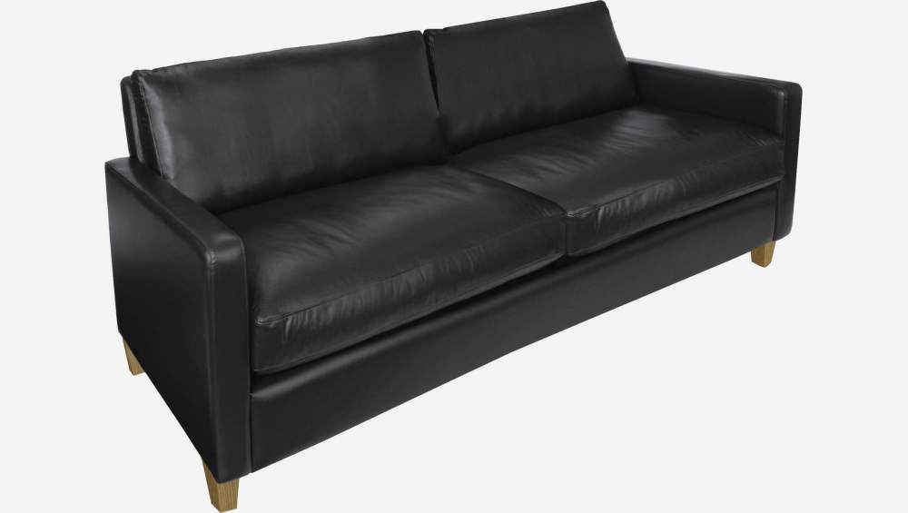3-Sitzer-Sofa aus Leder - Schwarz - Eichenfüße