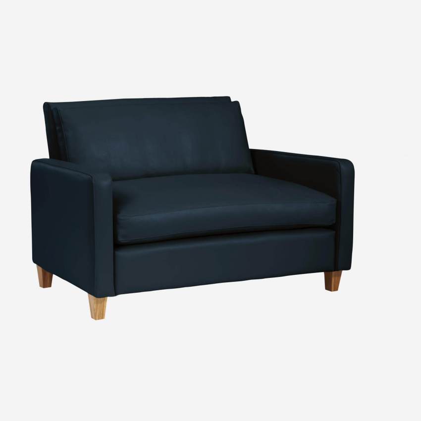 Canapé compact en cuir - Bleu - Pieds chêne