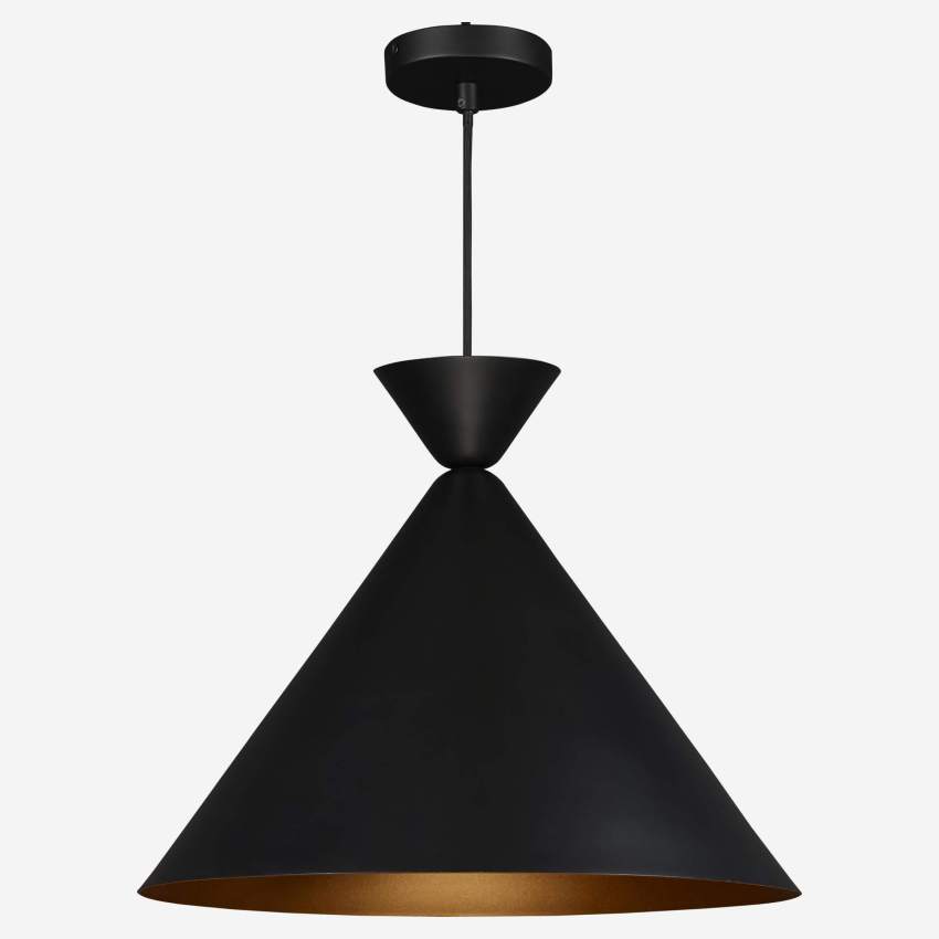 Conical pendant light 48cm, black metal and golden lacquered interior