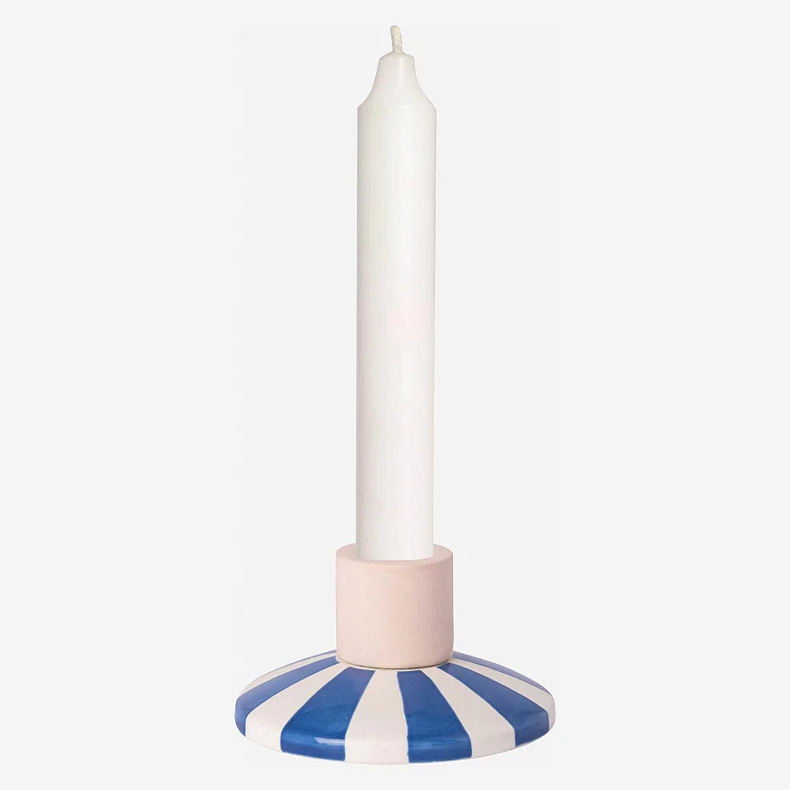 Bougeoir en grès - 9 x 5 cm - Rayures bleues - Design by Chloé Le Cam - 2