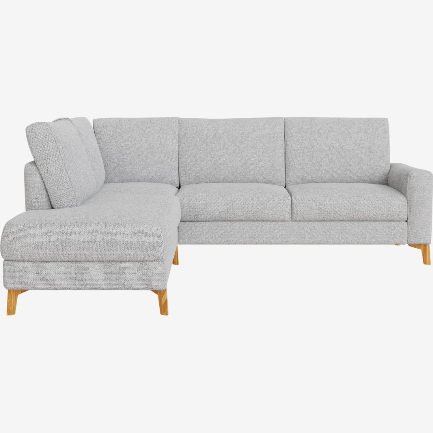2-Sitzer-Ecksofa mit Sitzelement links aus Melina-Stoff - Asphaltgrau - schmale Armlehnen - angewinkelte Füße aus geölter Eiche - mittelfester Sitzkomfort