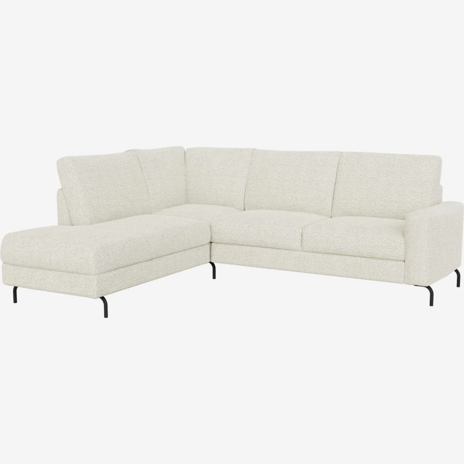 Canapé d'angle 2 places avec chauffeuse gauche en tissu Melina - Gris asphalte - Accoudoirs droits - Pieds cylindriques fins en acier noir - Confort medium