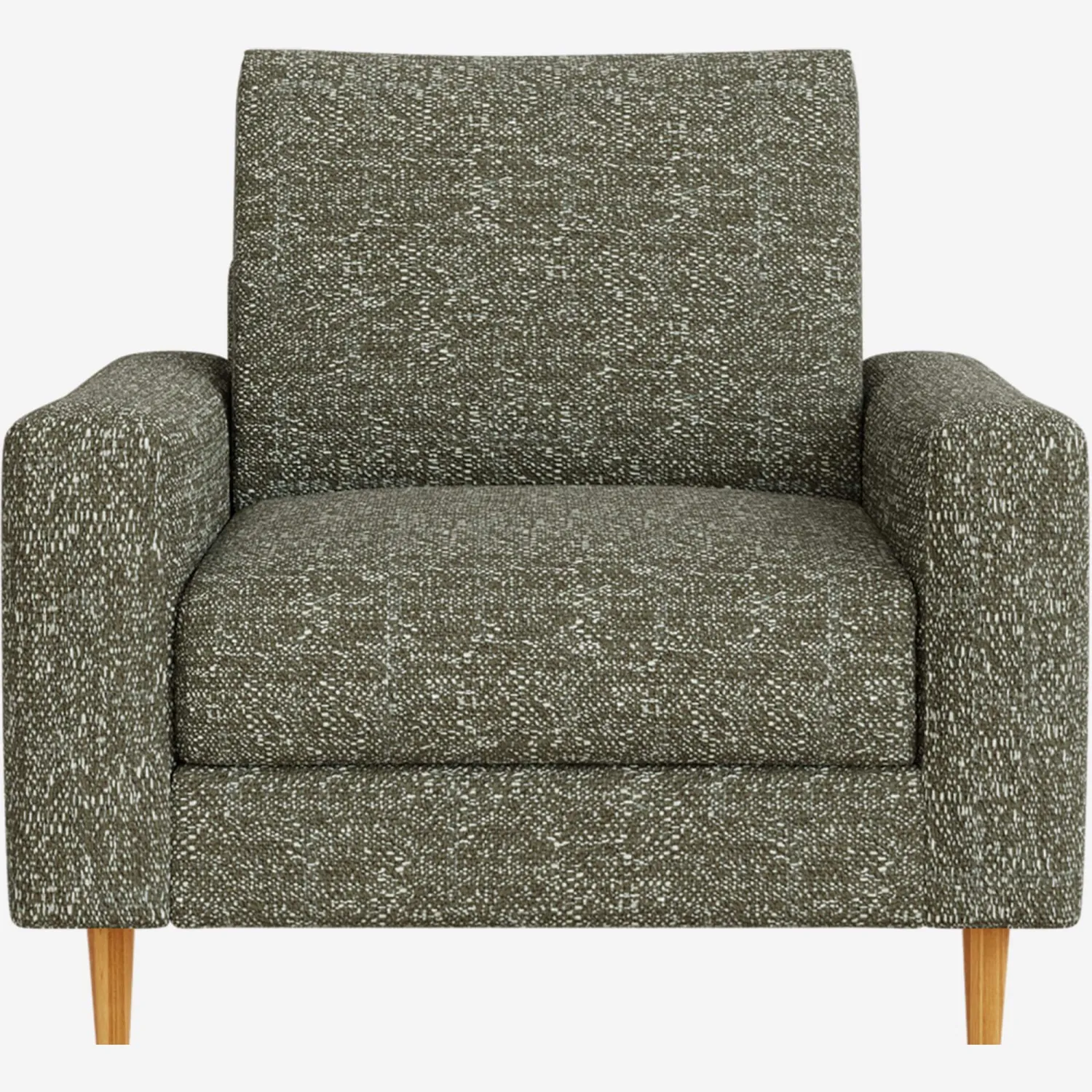 Fauteuil en tissu Lucca - Vert mousse - Accoudoirs droits - Pieds en équerre en chêne huilé - Confort ferme