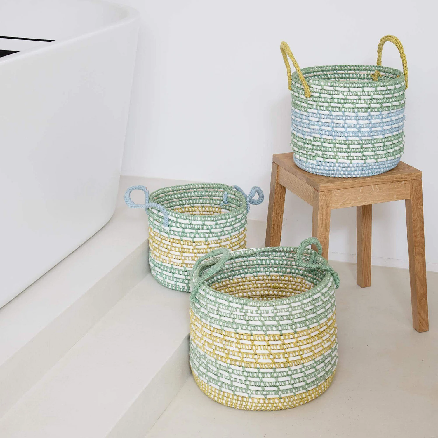 Set di 3 cesti portaoggetti in rattan e cotone - Multicolori - 1