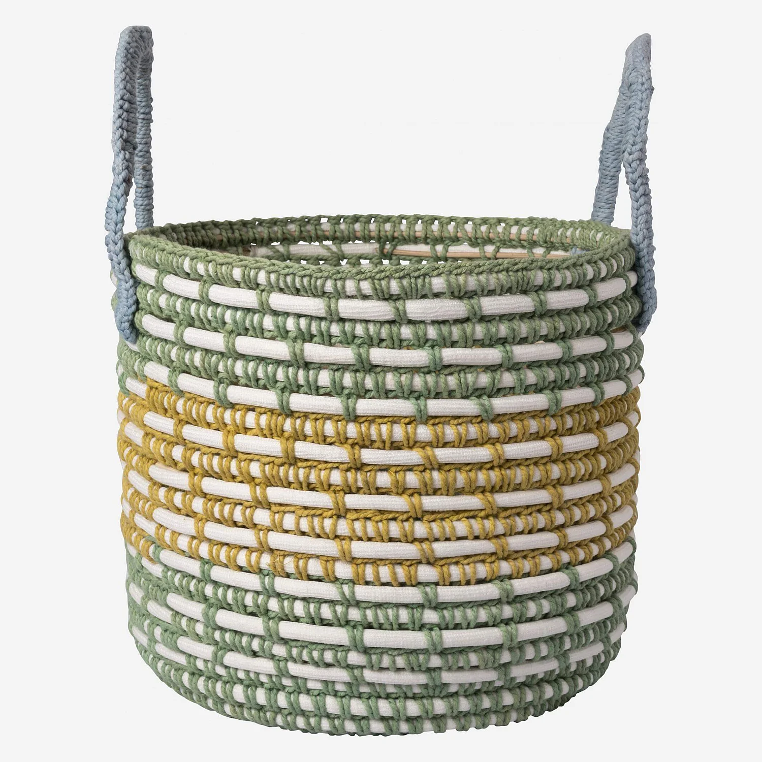 Panier de rangement en rotin et coton - 27 x 32 cm - Vert et jaune - 2