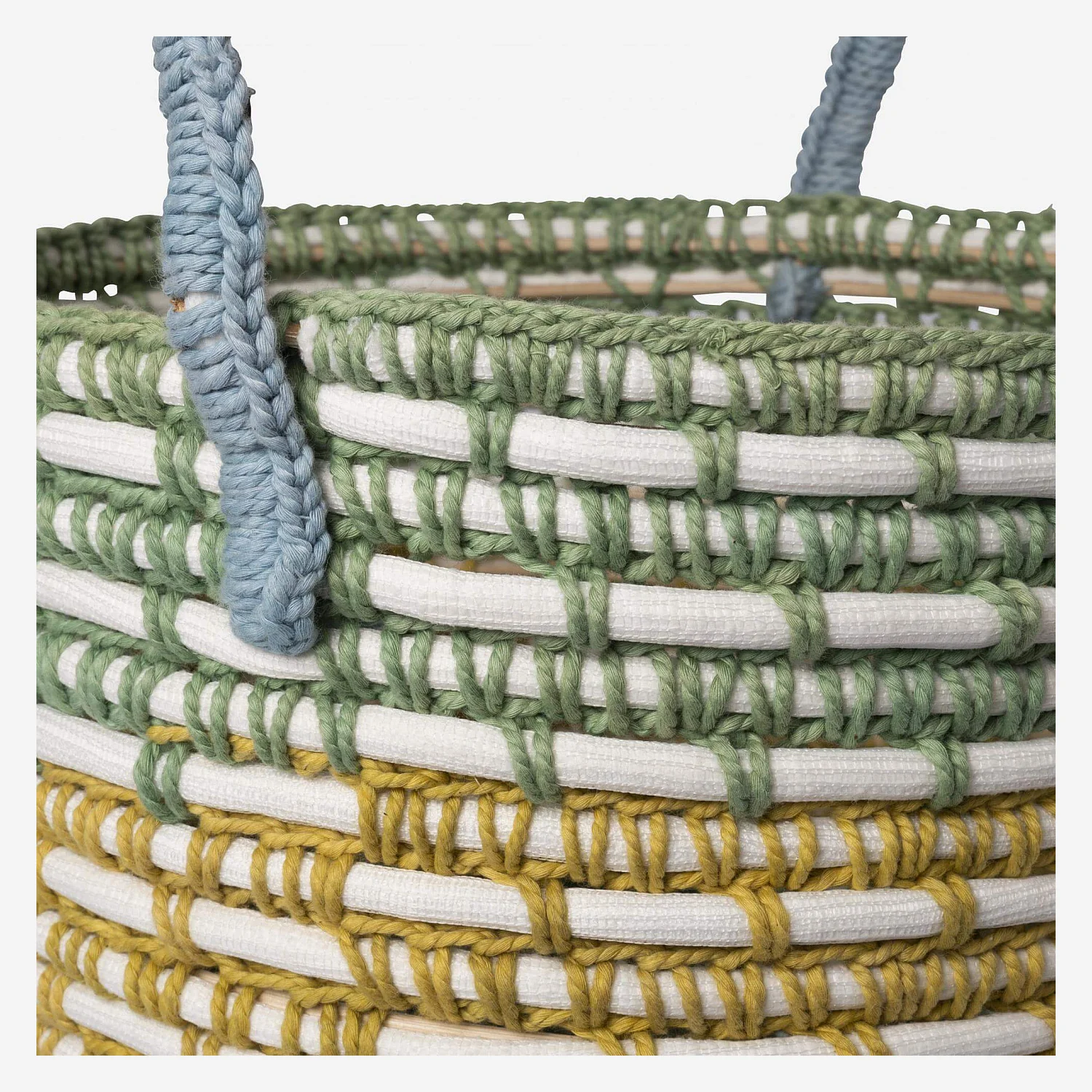 Panier de rangement en rotin et coton - 27 x 32 cm - Vert et jaune - 3