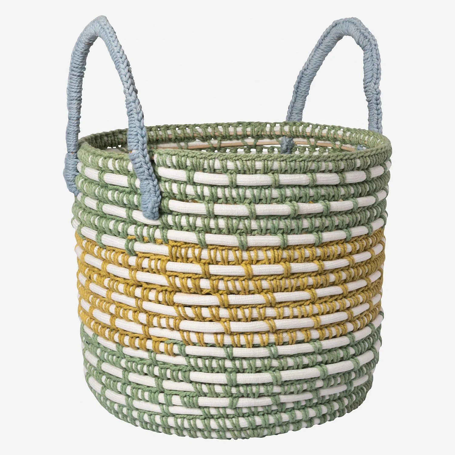 Panier de rangement en rotin et coton - 27 x 32 cm - Vert et jaune - 5