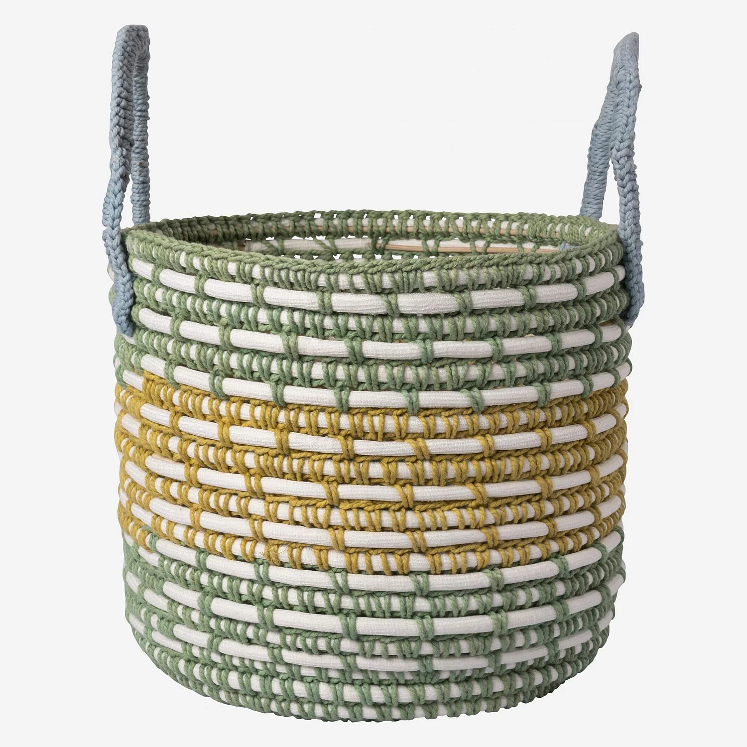 Panier de rangement en rotin et coton - 27 x 32 cm - Vert et jaune - 2