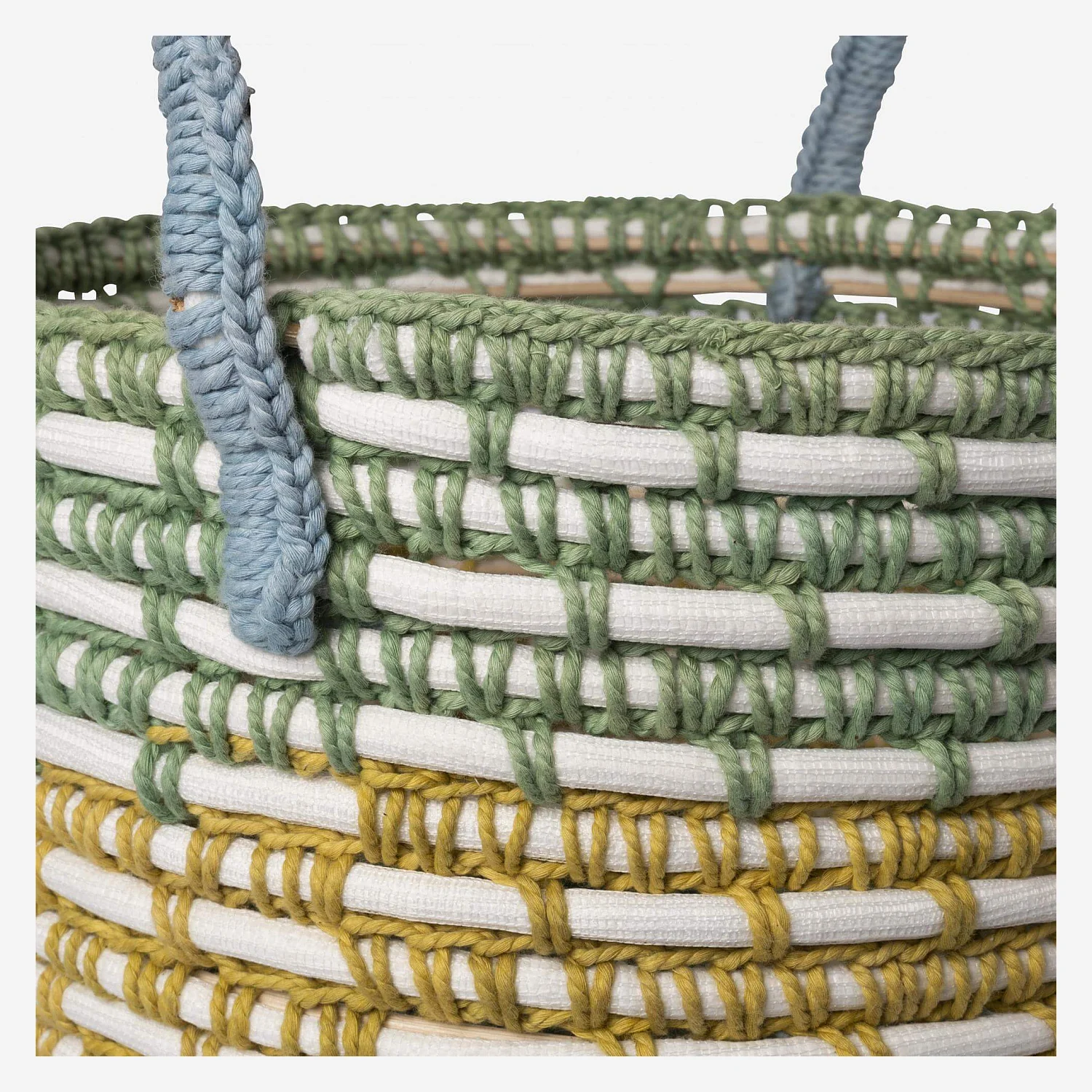 Panier de rangement en rotin et coton - 27 x 32 cm - Vert et jaune - 3