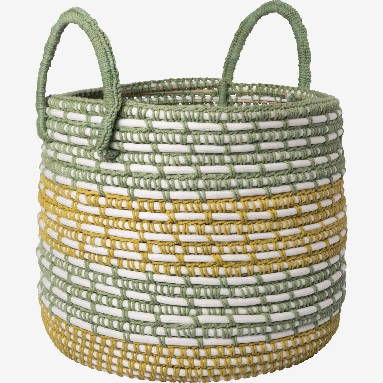 Aufbewahrungskorb aus Rattan und Baumwolle - 34,5 x 38,5 cm - Grün und Gelb