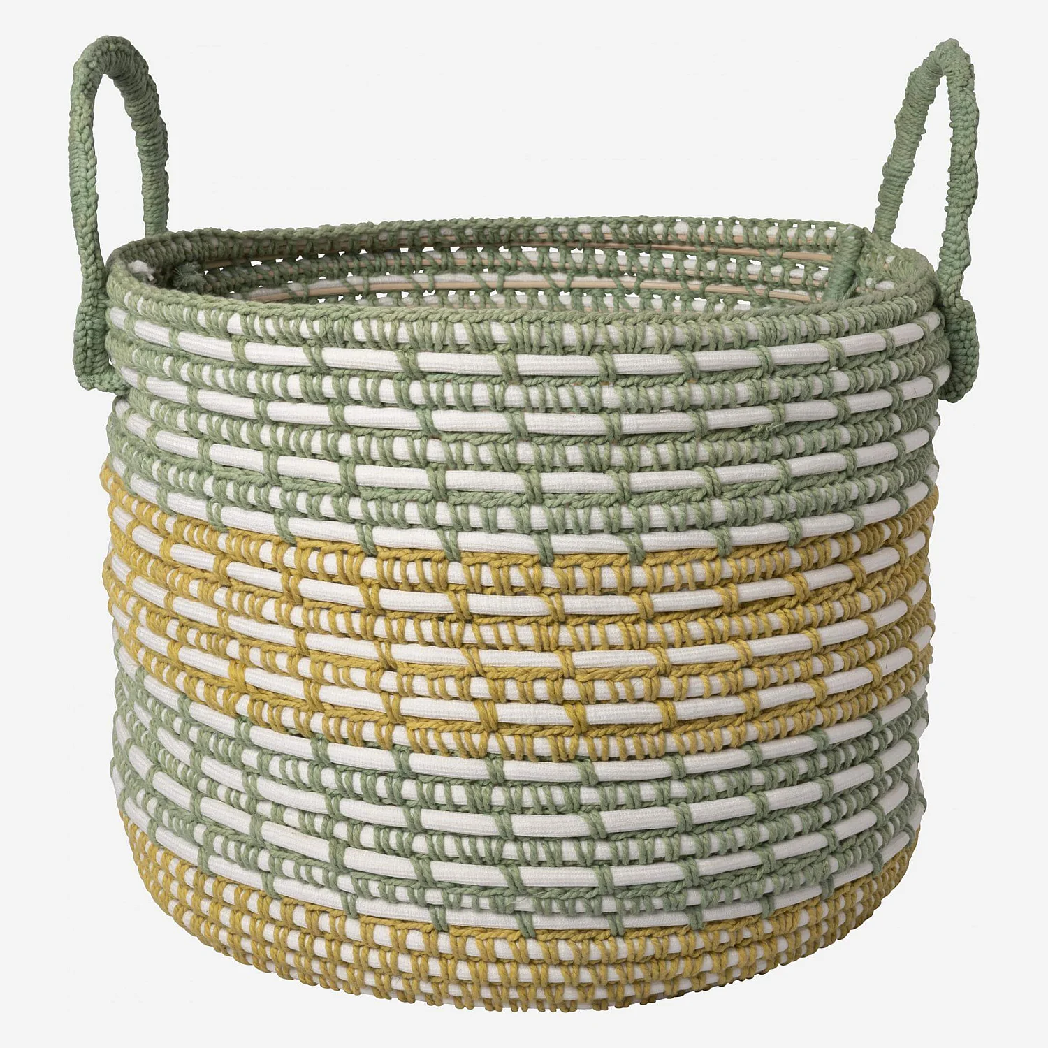 Panier de rangement en rotin et coton - 34,5 x 38,5 cm - Vert et jaune - 2