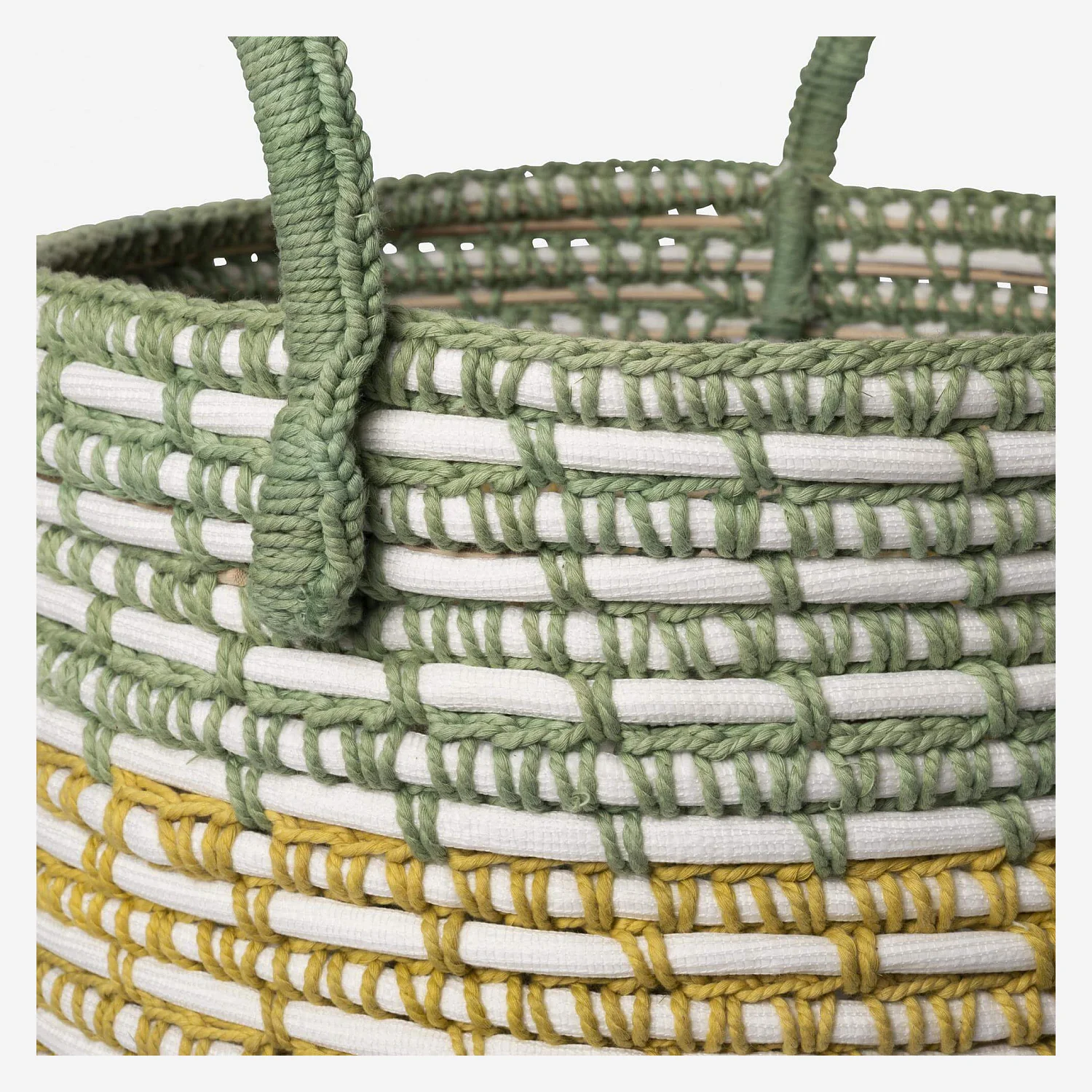 Panier de rangement en rotin et coton - 34,5 x 38,5 cm - Vert et jaune - 3