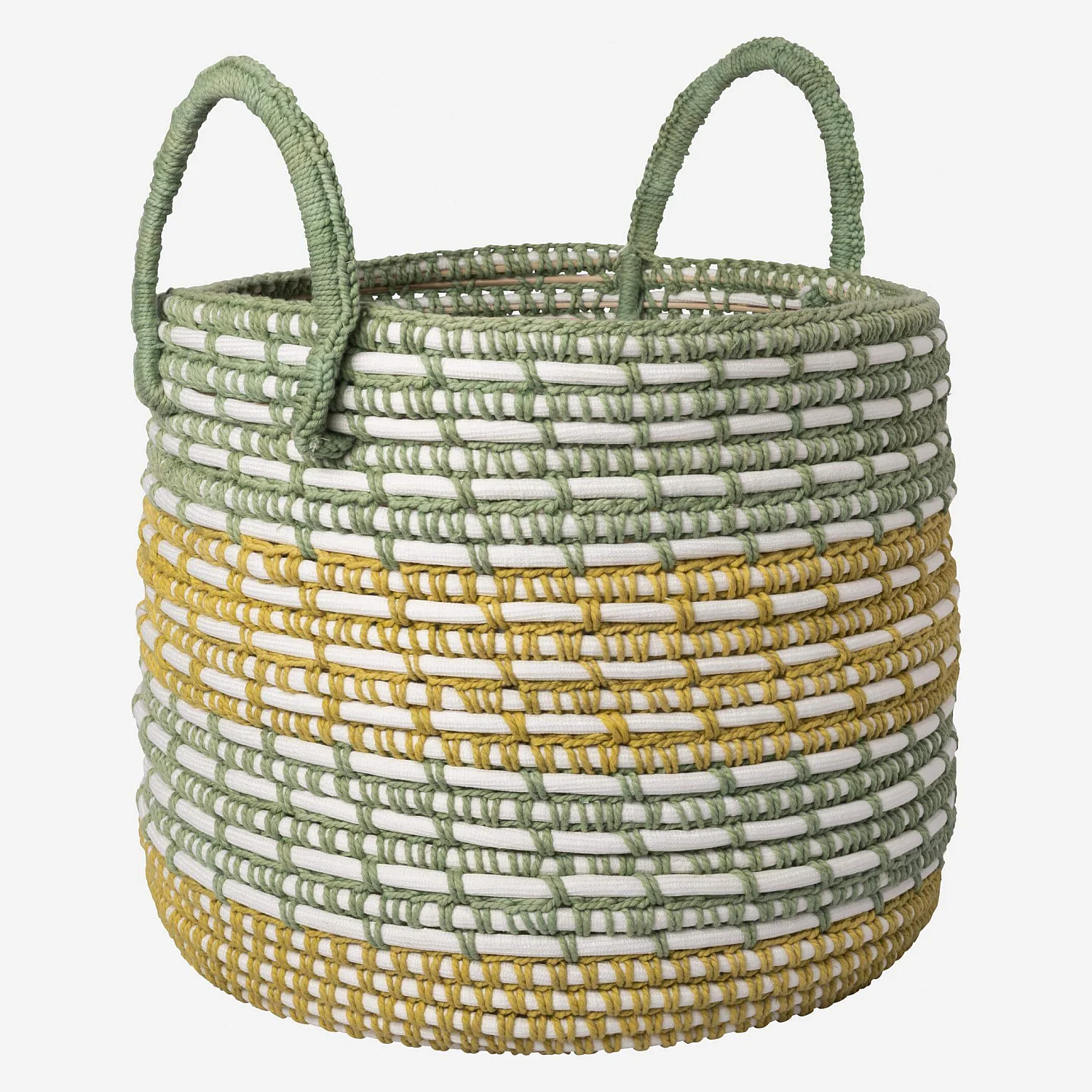 Panier de rangement en rotin et coton - 34,5 x 38,5 cm - Vert et jaune - 4