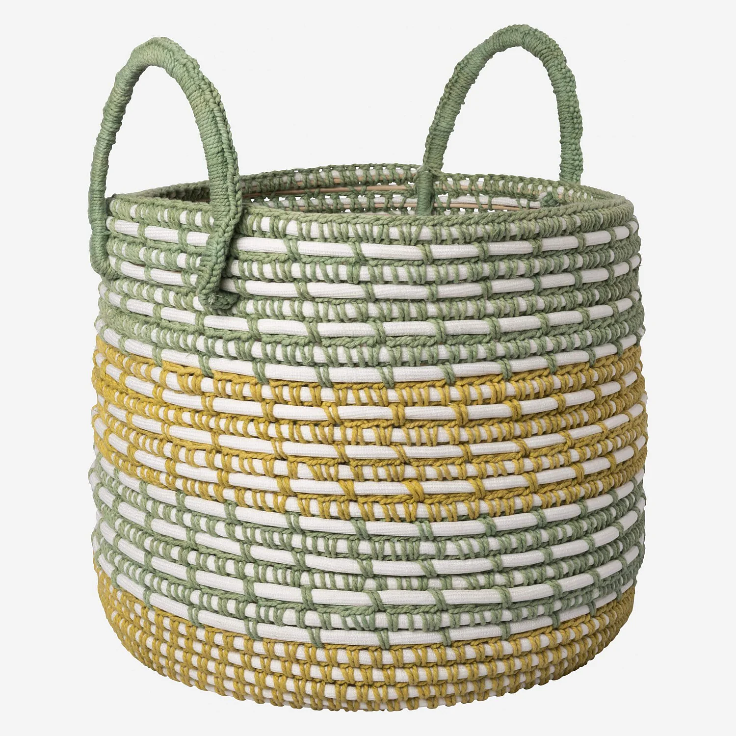 Panier de rangement en rotin et coton - 34,5 x 38,5 cm - Vert et jaune - 4