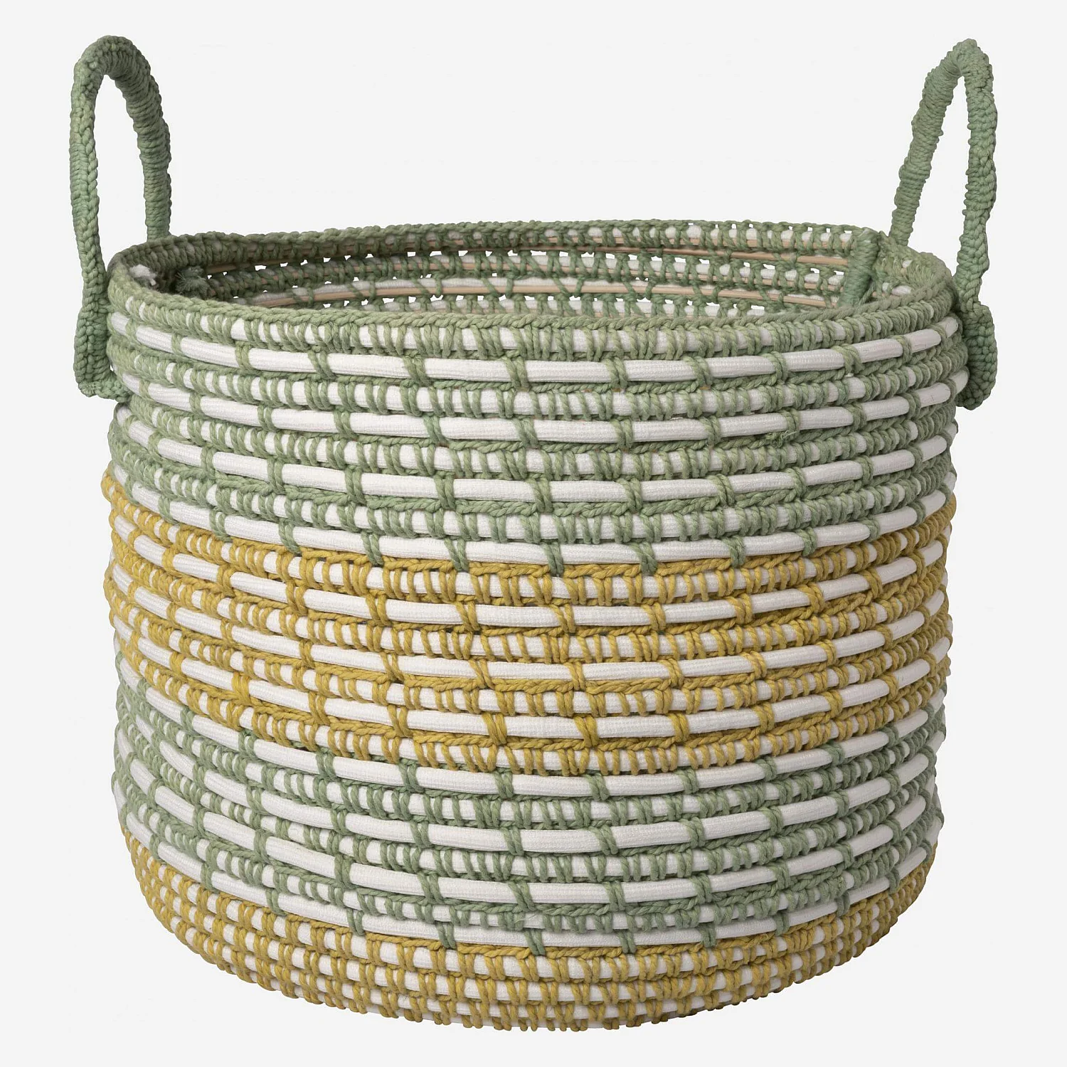 Panier de rangement en rotin et coton - 34,5 x 38,5 cm - Vert et jaune - 2