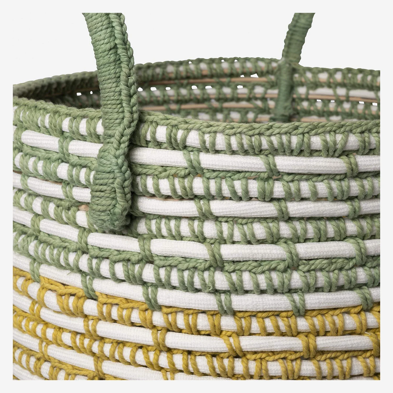 Panier de rangement en rotin et coton - 34,5 x 38,5 cm - Vert et jaune - 3