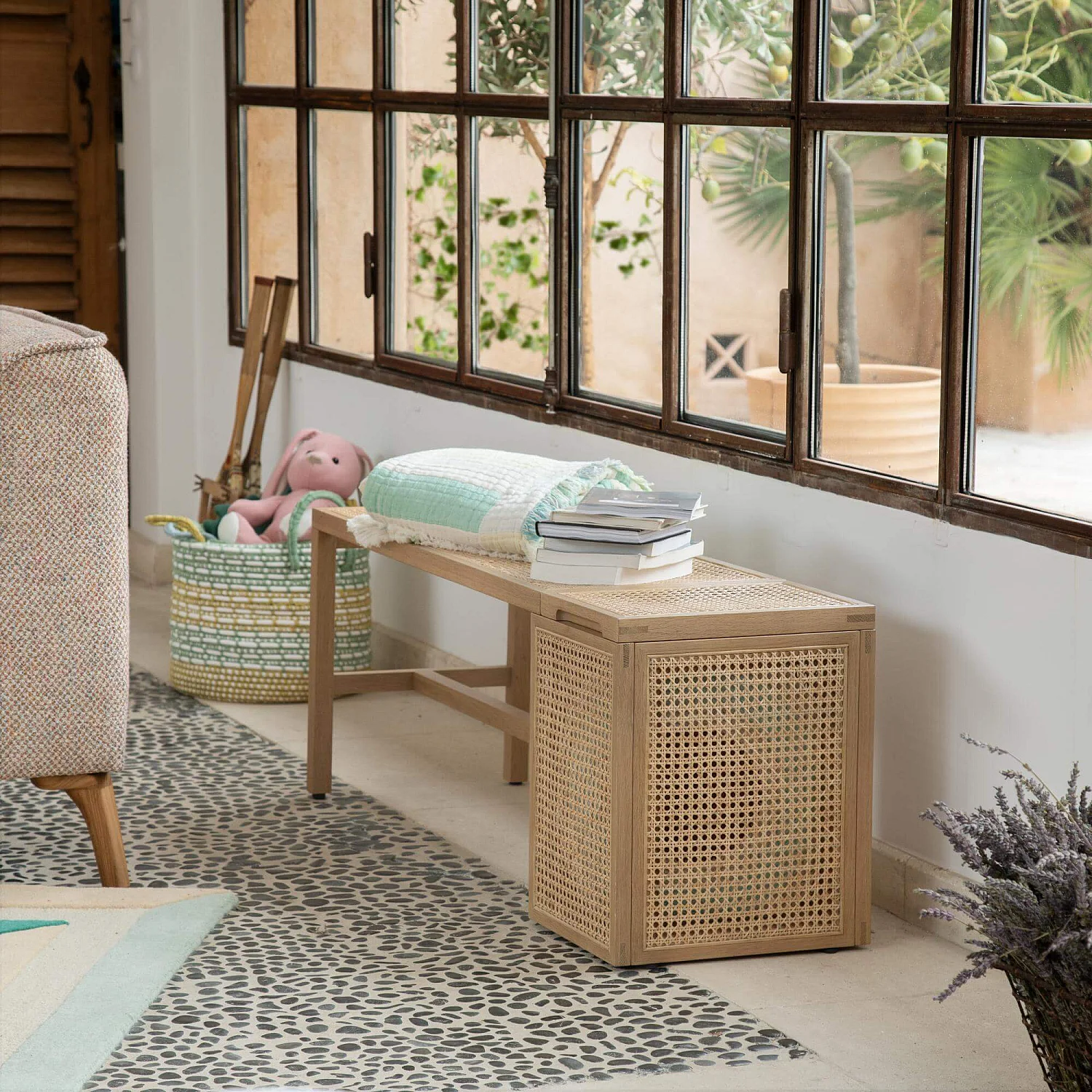 Sitzbank aus Eiche und Rohrgeflecht aus Rattan - 1