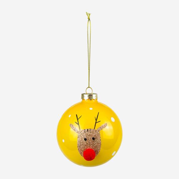 Decoración navideña - Bola de vidrio cara de reno - Amarilla