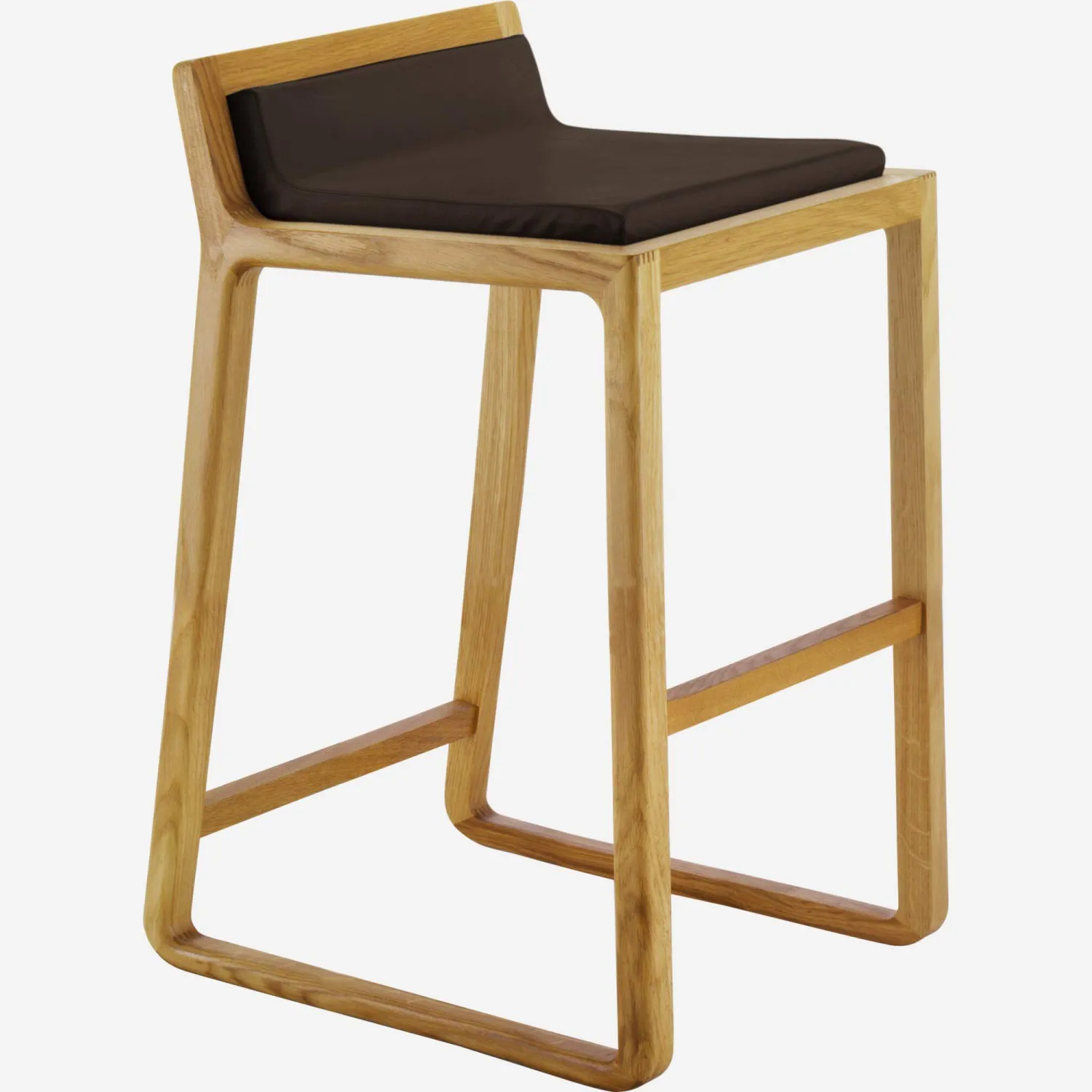 Tabouret de bar mi-haut en cuir – Marron – Pieds chêne