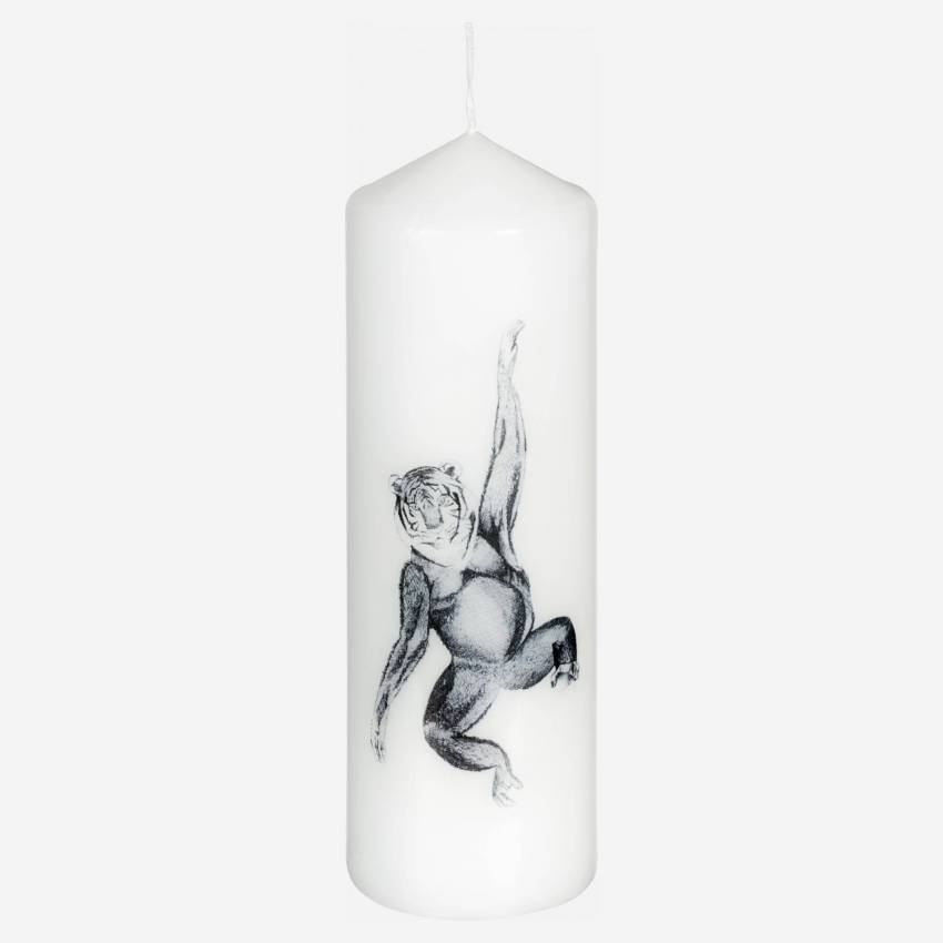 Zylinderförmige Kerze, 18 cm, weiß mit Affenmotiv