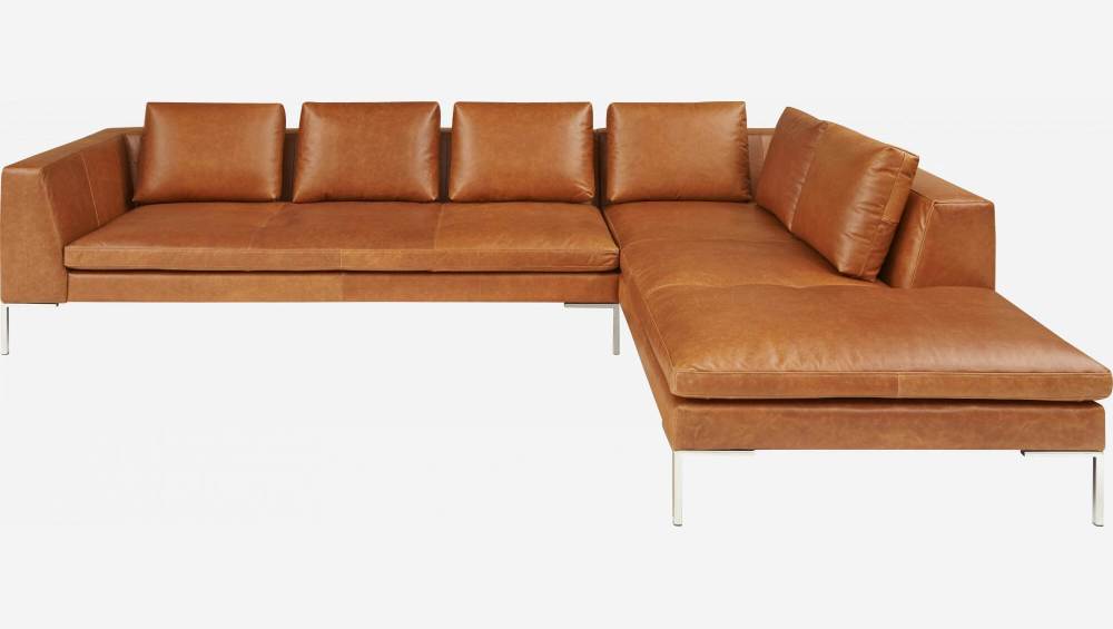 3-Sitzer-Sofa mit Chaiselongue rechts aus Vintage-Leder - Cognac