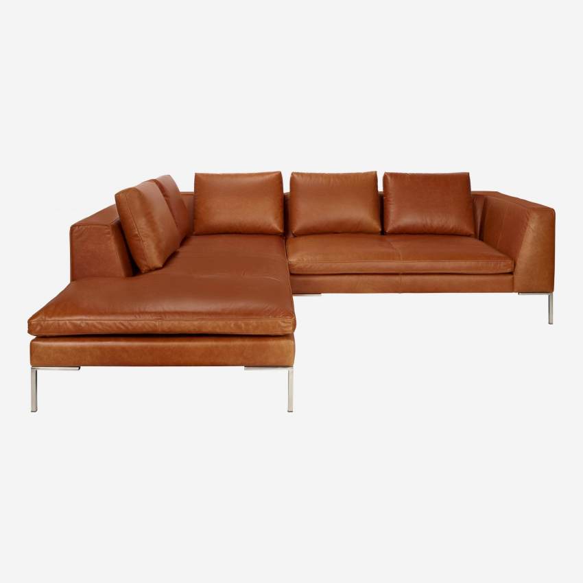 2-Sitzer-Sofa mit Chaiselongue links aus Vintage-Leder - Cognac