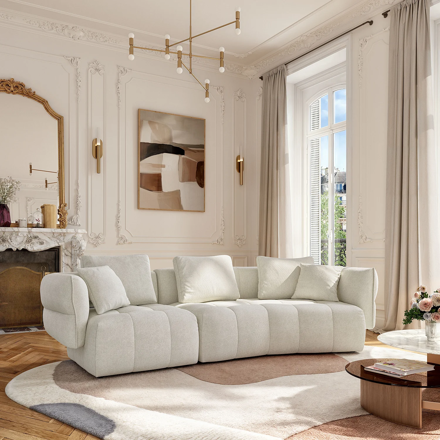 Canapé 5 places en tissu garni de plumes - Blanc irisé - 6