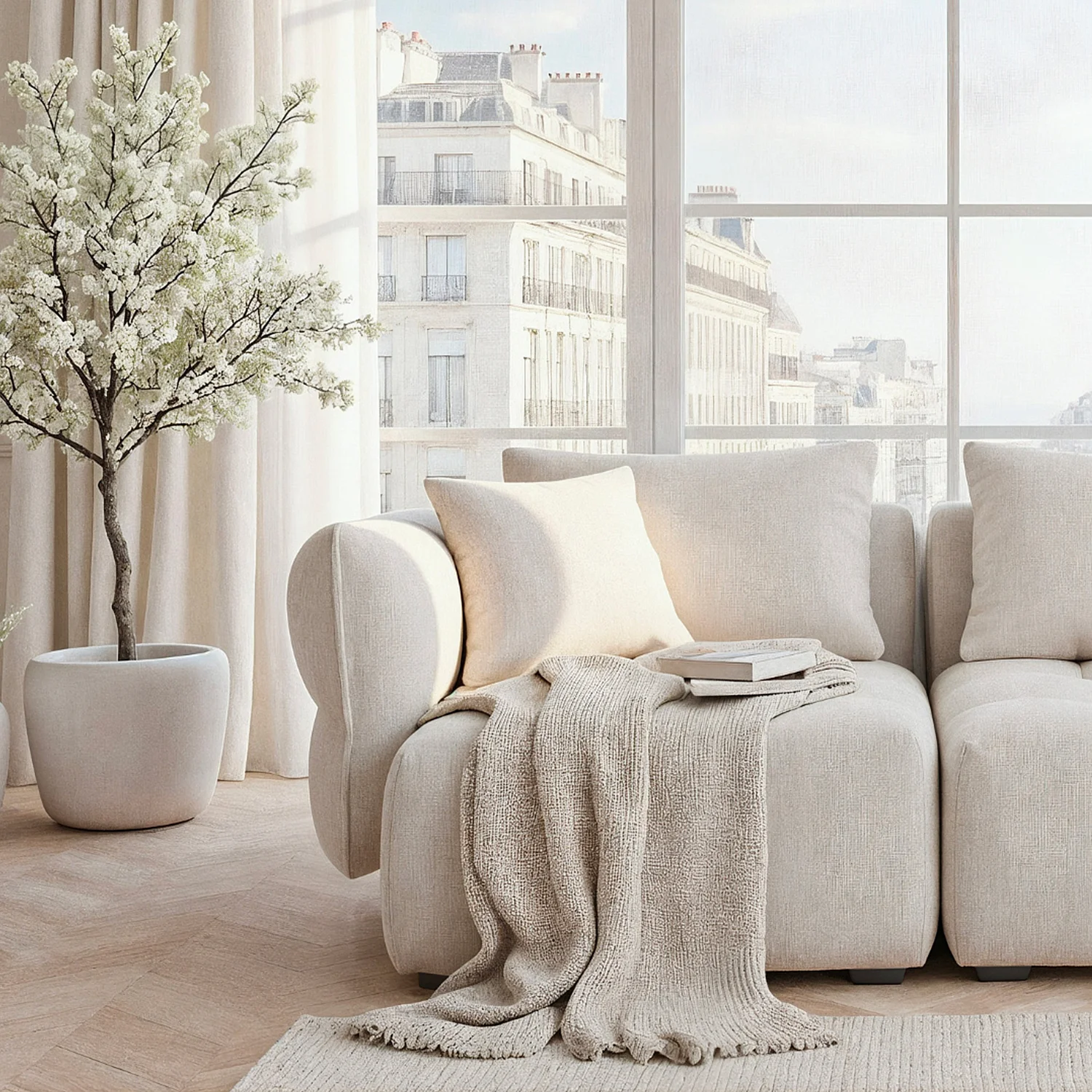 Canapé 5 places en tissu garni de plumes - Blanc irisé - 8