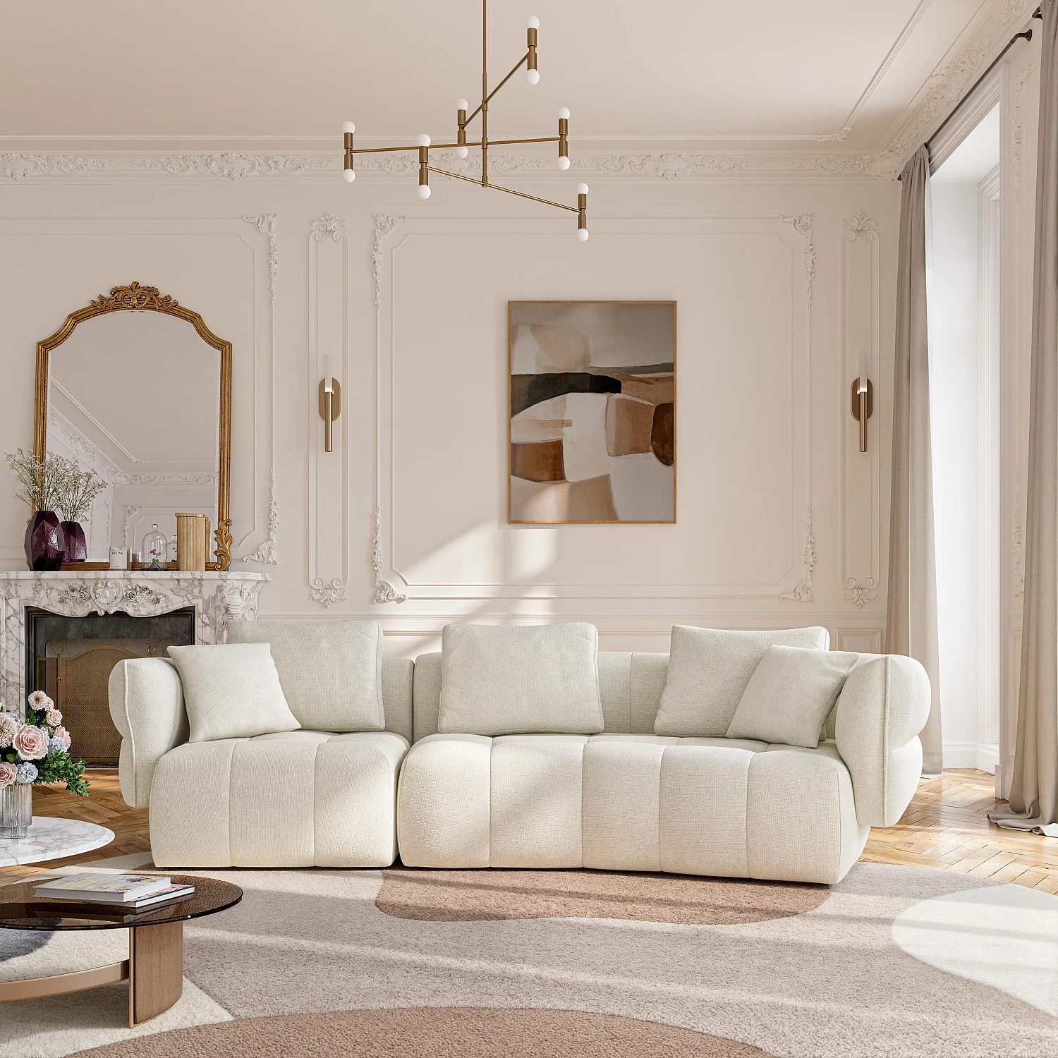 Canapé 5 places en tissu garni de plumes - Blanc irisé - 1