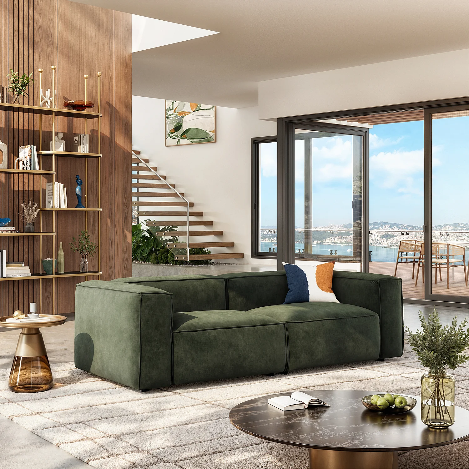 Canapé 3 places en velours - Vert kaki - 1