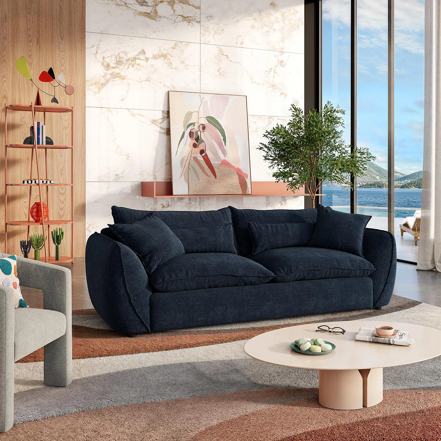 Canapé 4 places déhoussable en tissu garni de plumes - Bleu nuit - 1