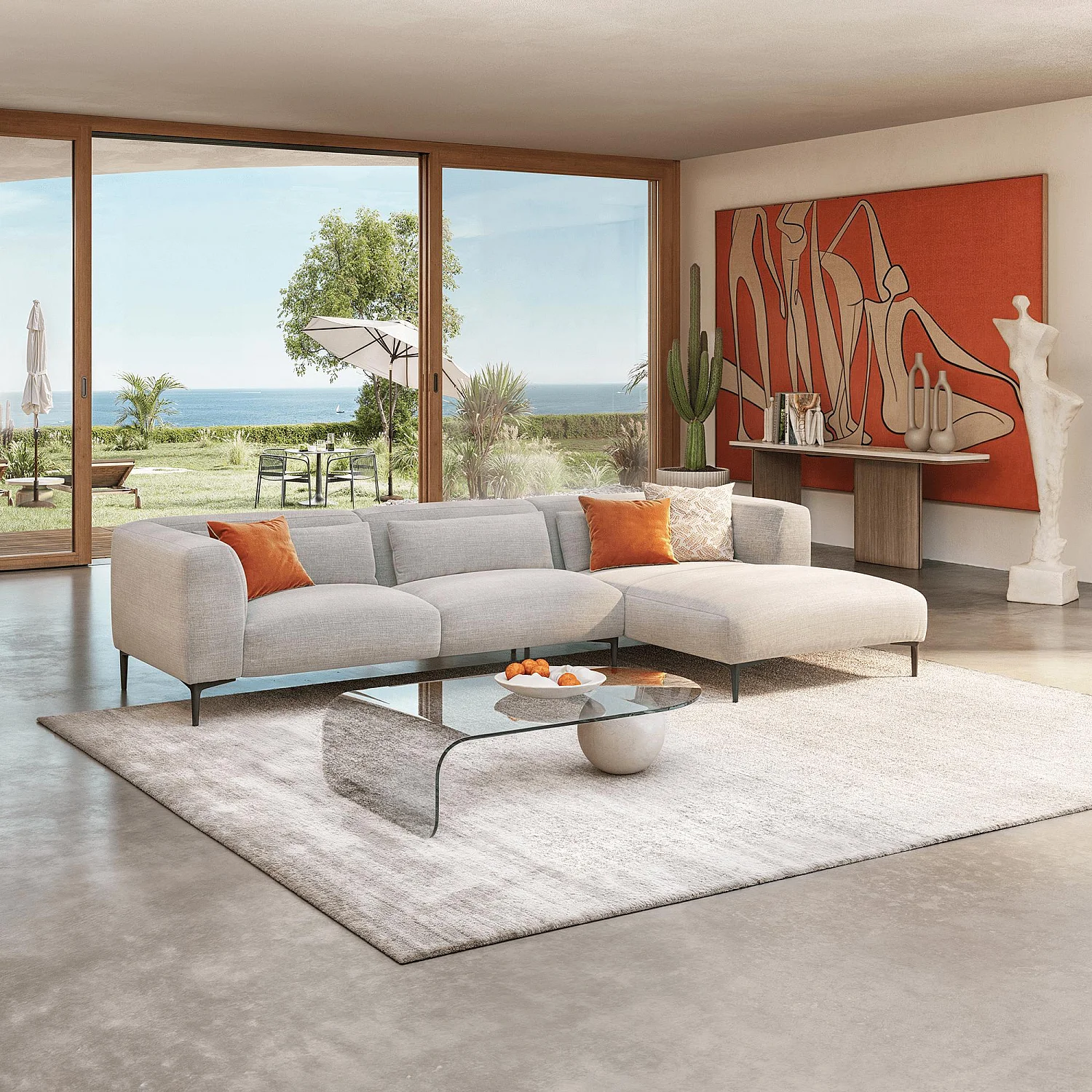 Canapé d'angle droit avec coton et lin garni de plumes - Gris perle - 3