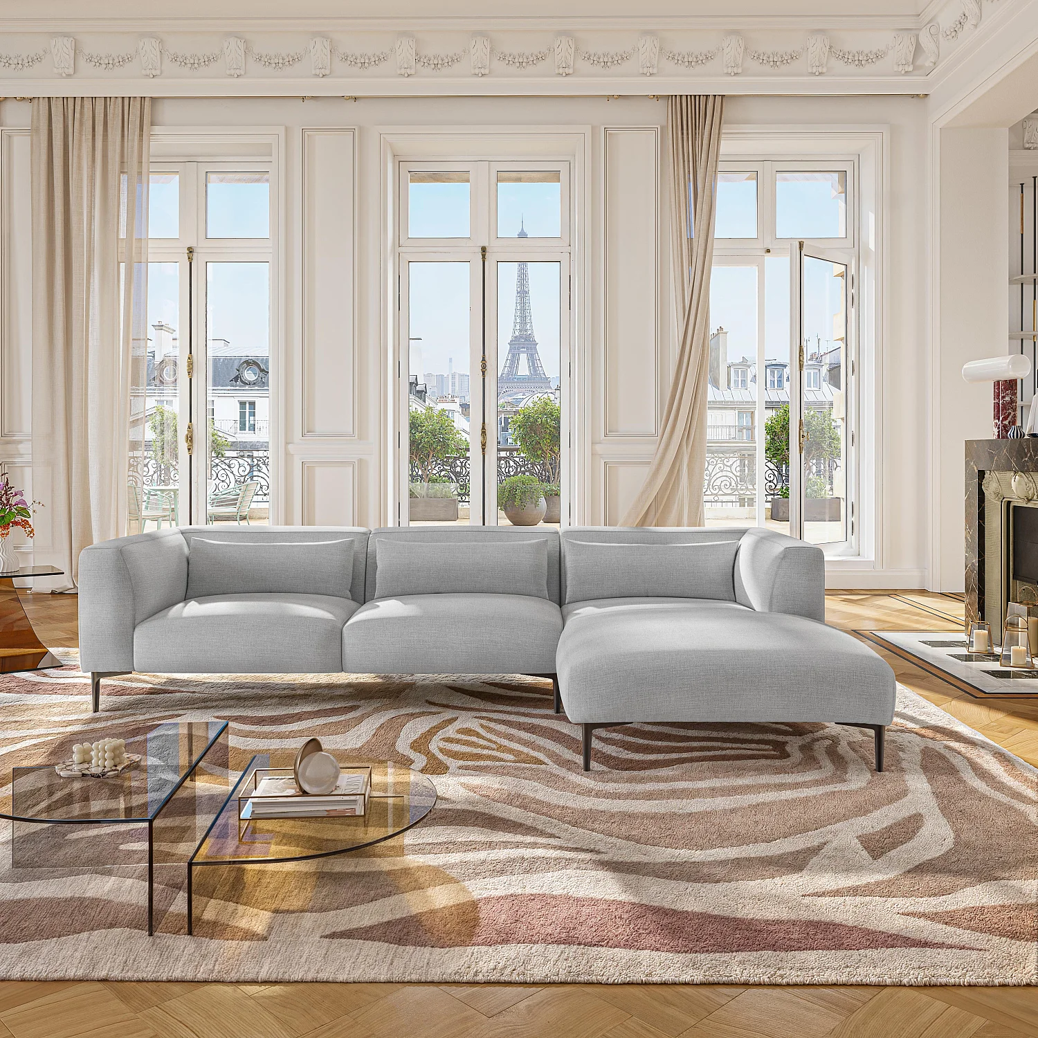 Canapé d'angle droit avec coton et lin garni de plumes - Gris perle - 1