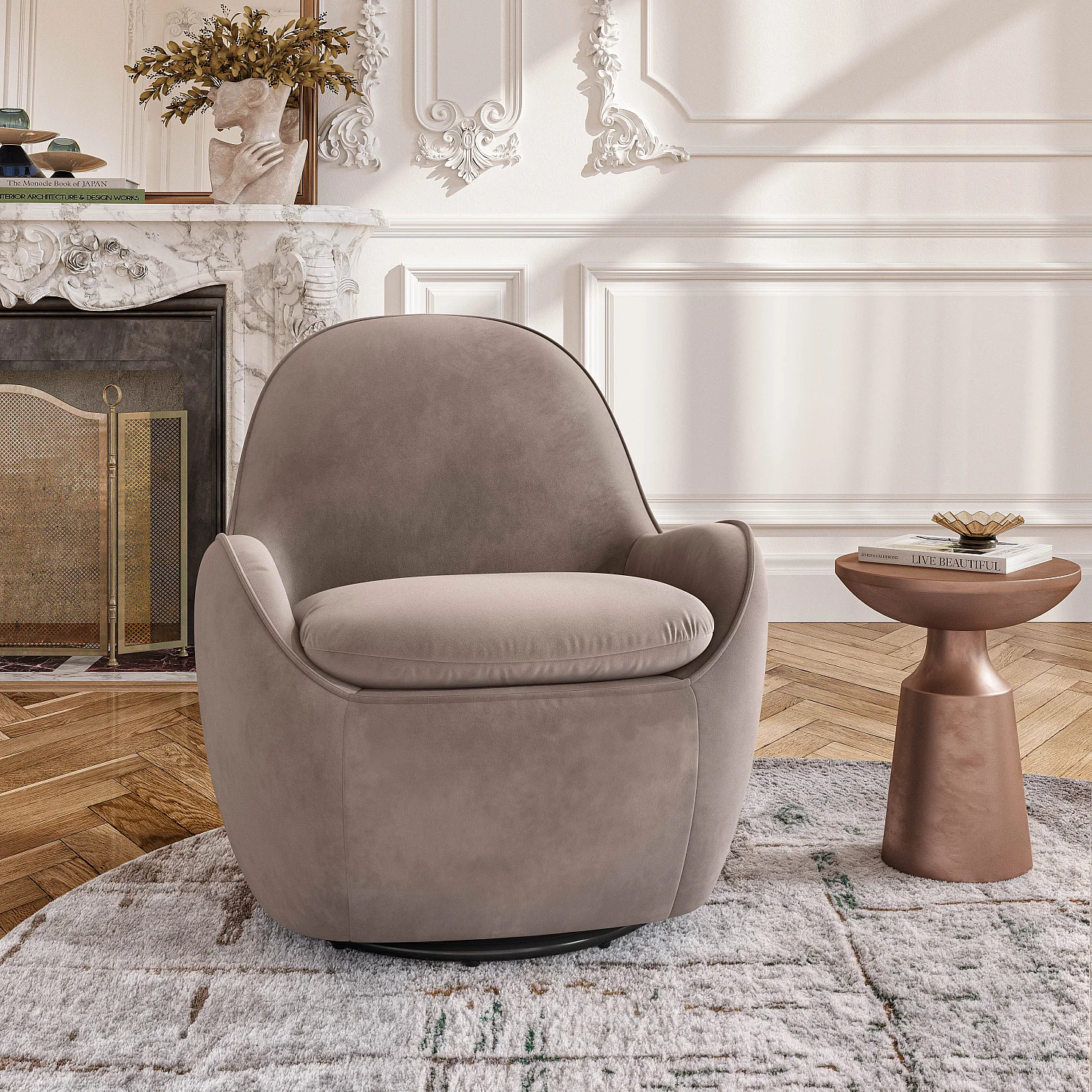 Fauteuil pivotant en velours - Taupe - 9