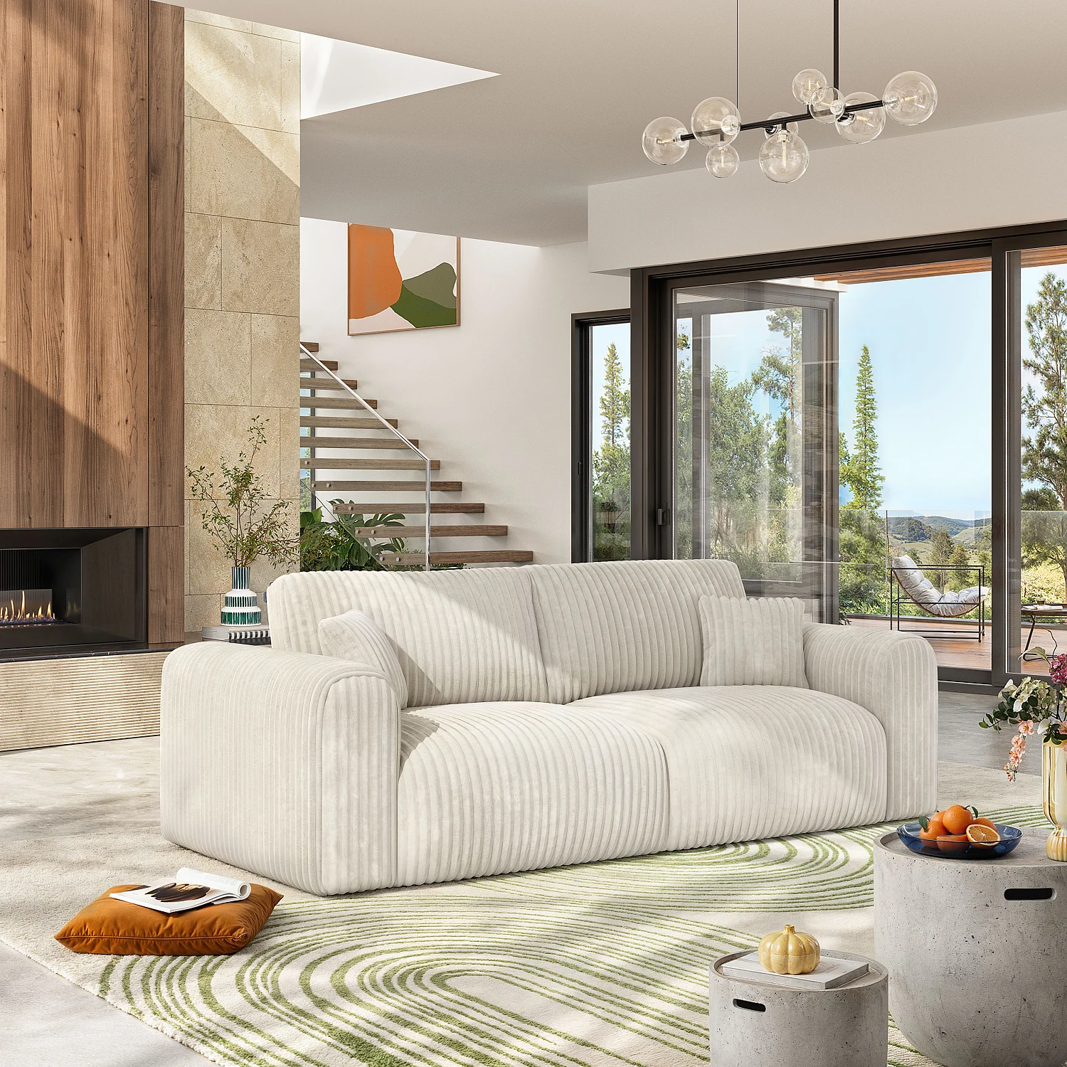 Canapé 4 places en tissu côtelé - Beige meringue - 1