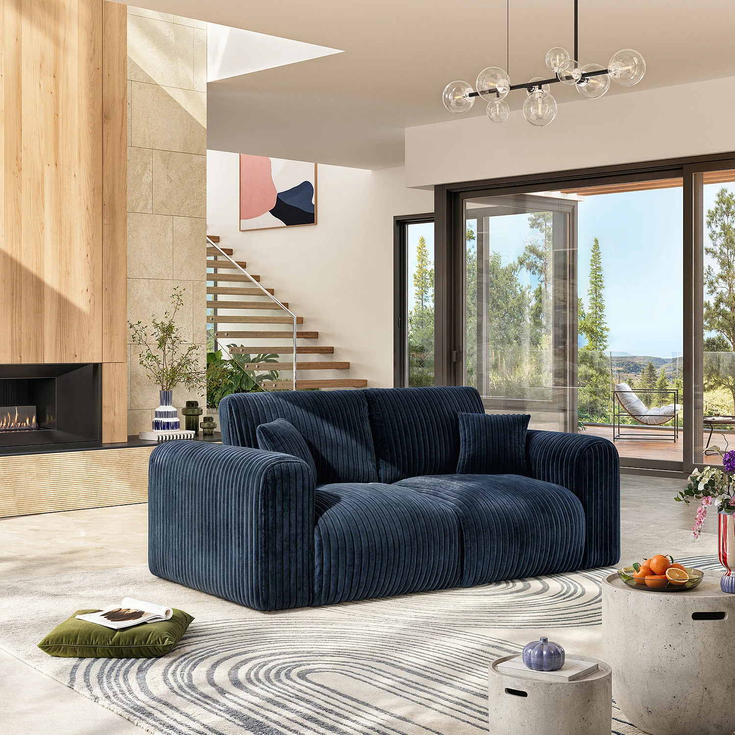 Canapé 3 places en tissu côtelé - Bleu nuit - 1