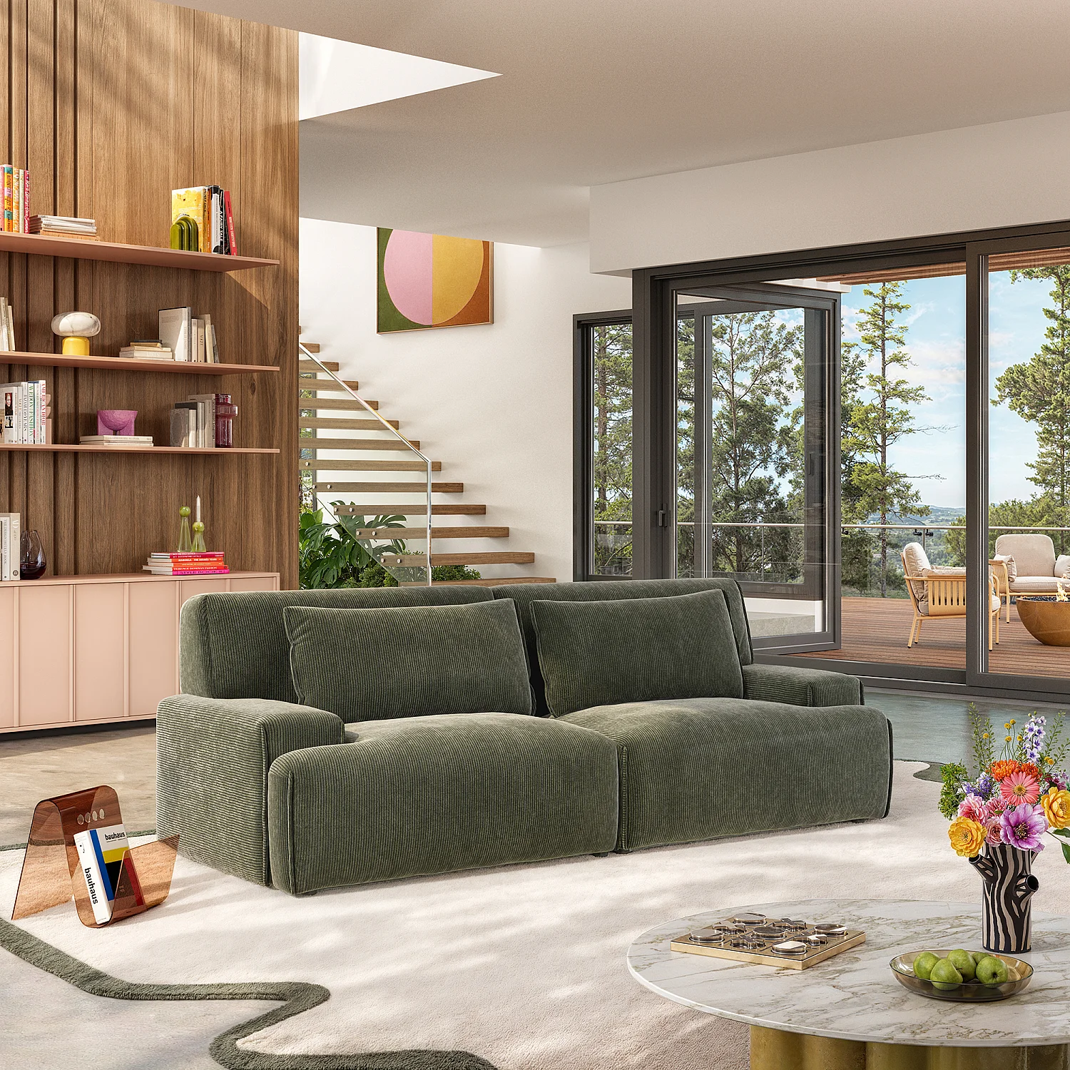 Canapé 3 places en velours - Vert kaki - 1