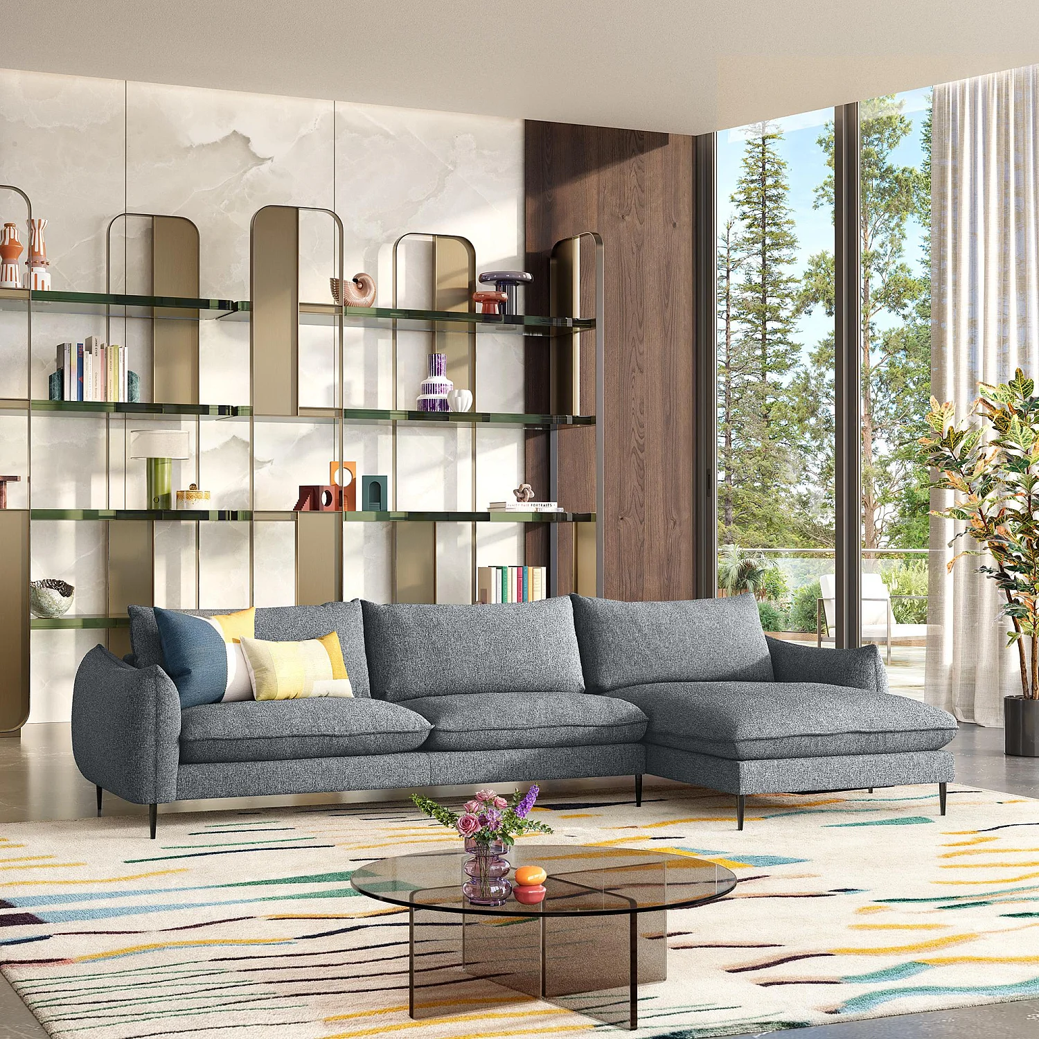 Divano d'angolo destro in tessuto - Grigio chiné - 1