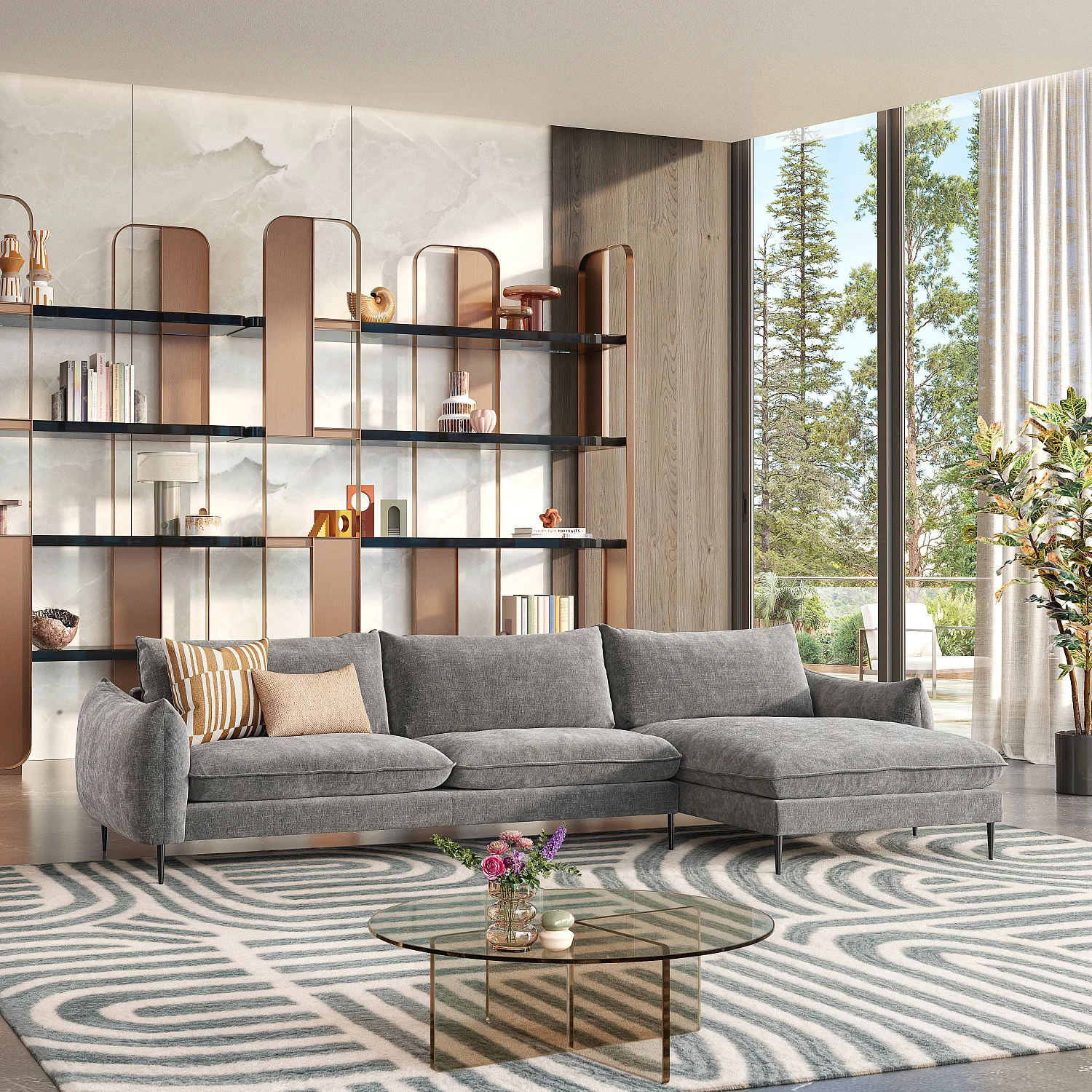 Canapé d'angle droit en tissu chenille - Taupe - 1