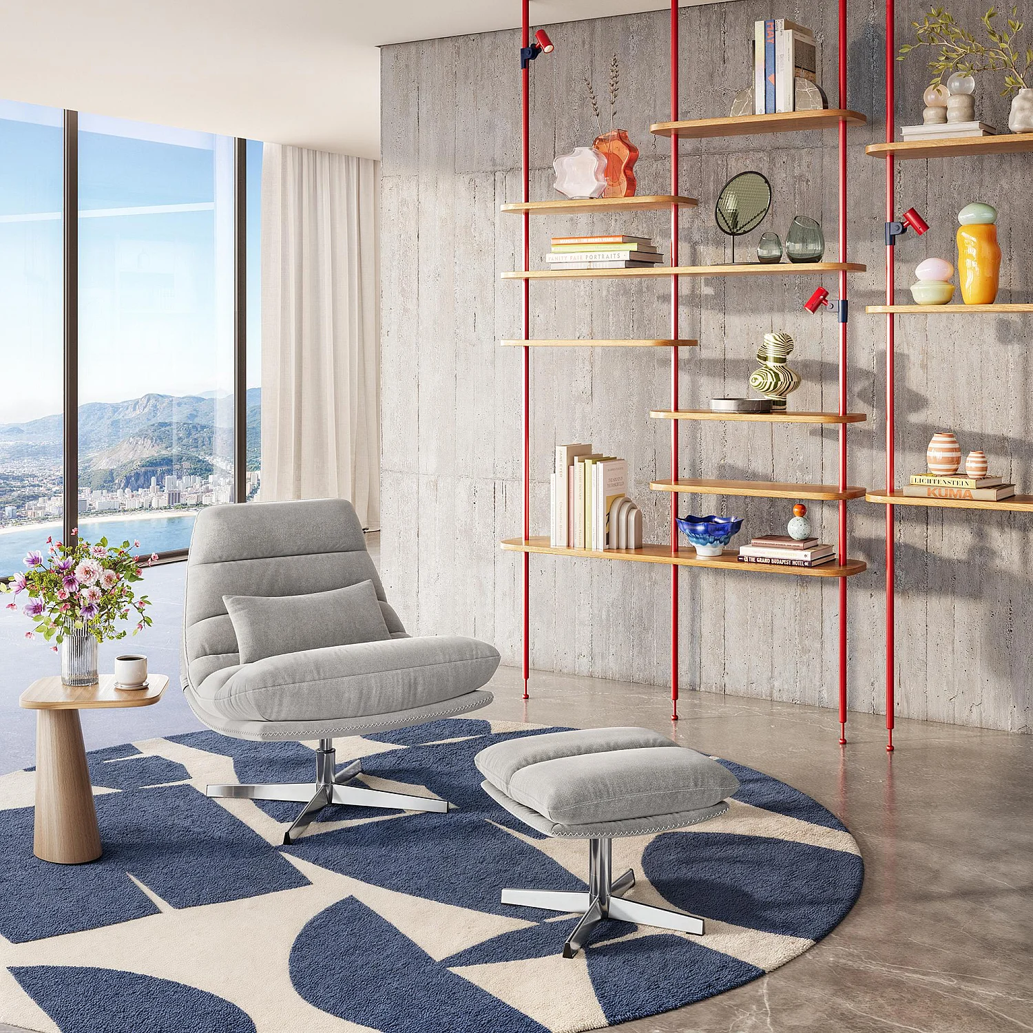 Fauteuil pivotant avec repose-pieds en tissu et métal chromé - Gris polaire - 1