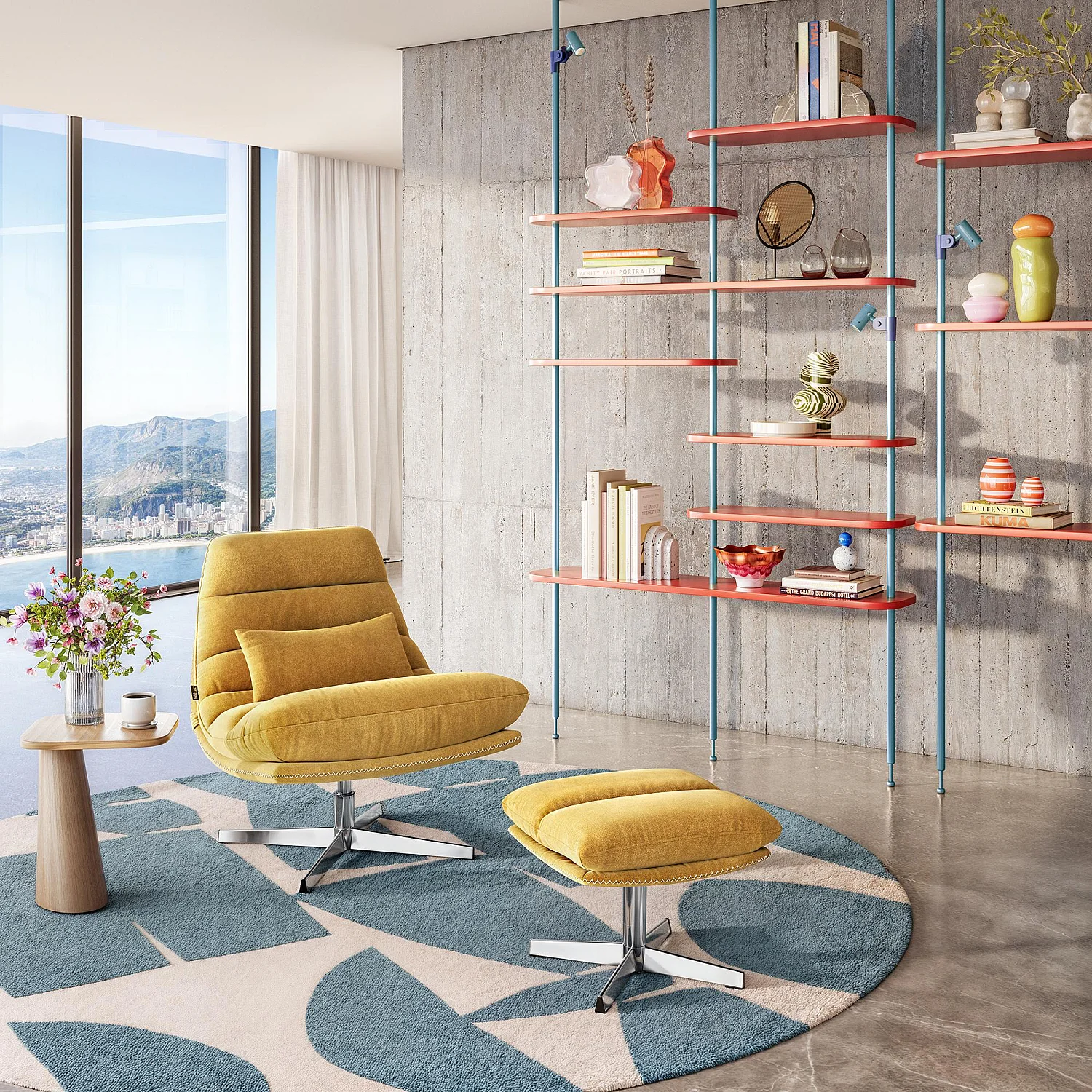 Fauteuil pivotant avec repose-pieds en tissu et métal chromé - Jaune ocre - 1