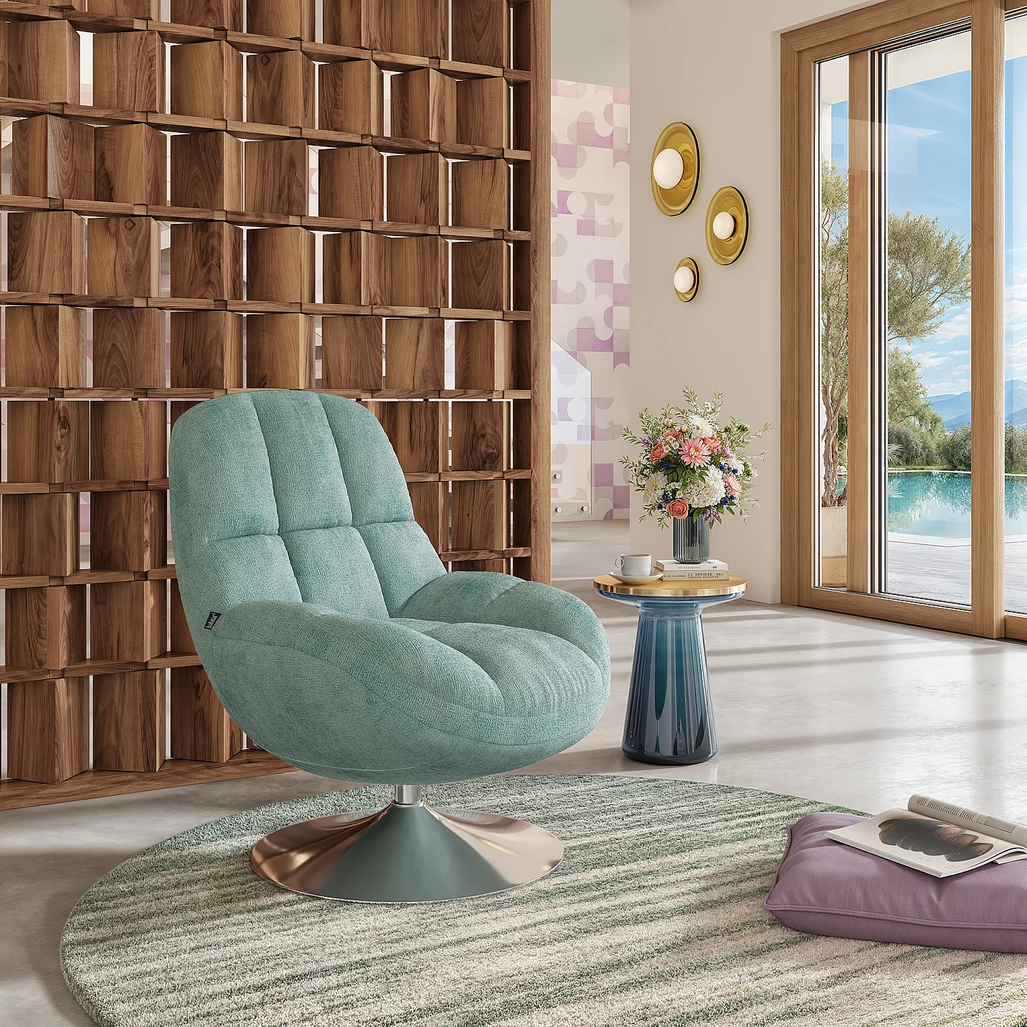 Fauteuil pivotant en tissu chenille et métal chromé - Bleu ciel - 1